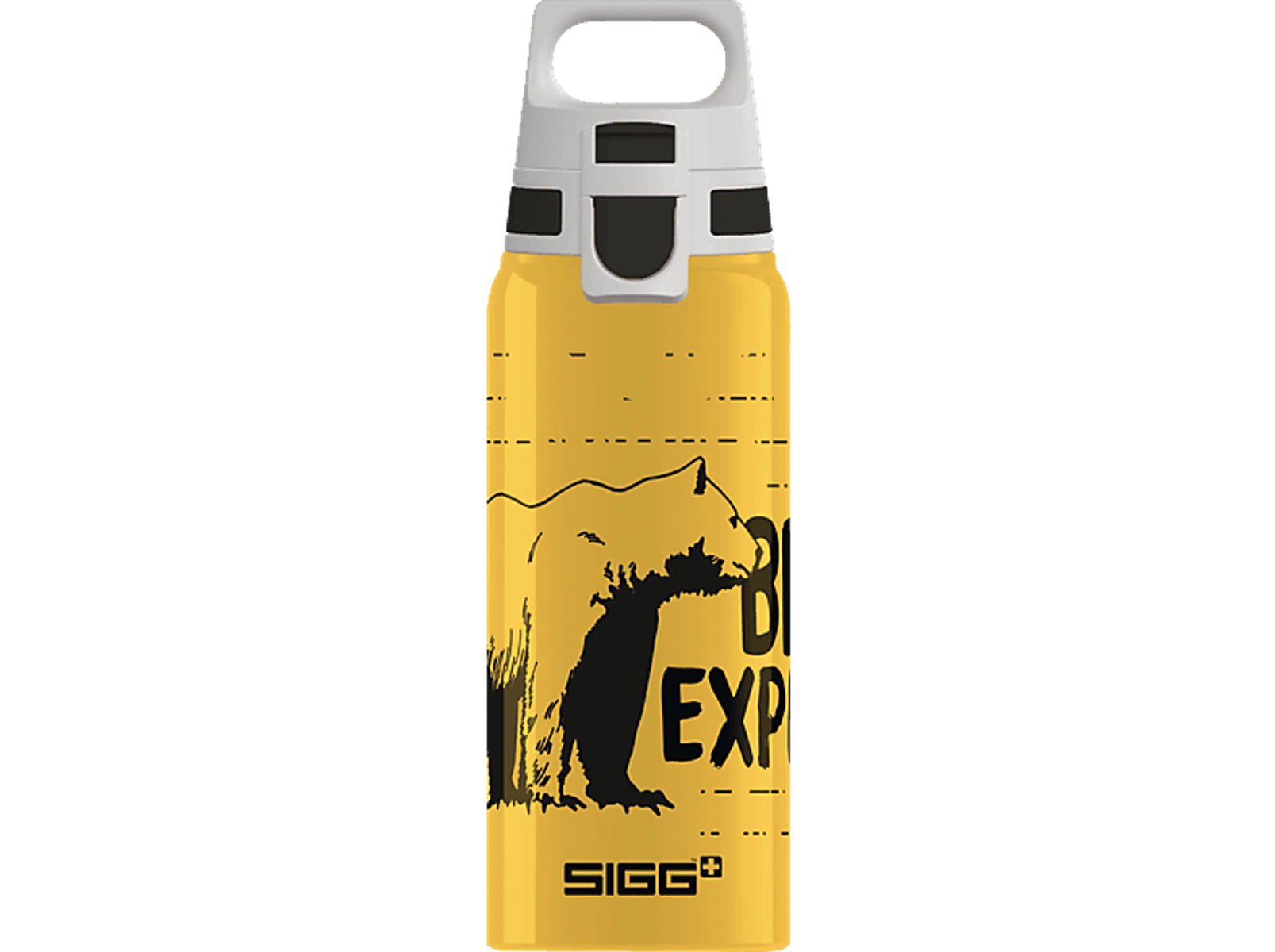 Gelbe Wasserflasche mit Bärengrafik und Text. Sie hat einen weiß-schwarzen Deckel.