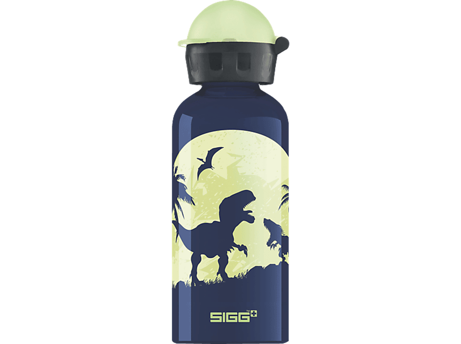 Blaue Wasserflasche mit Dinosaurier-Silhouette auf gelbem Mondhintergrund, mit grünem Deckel.