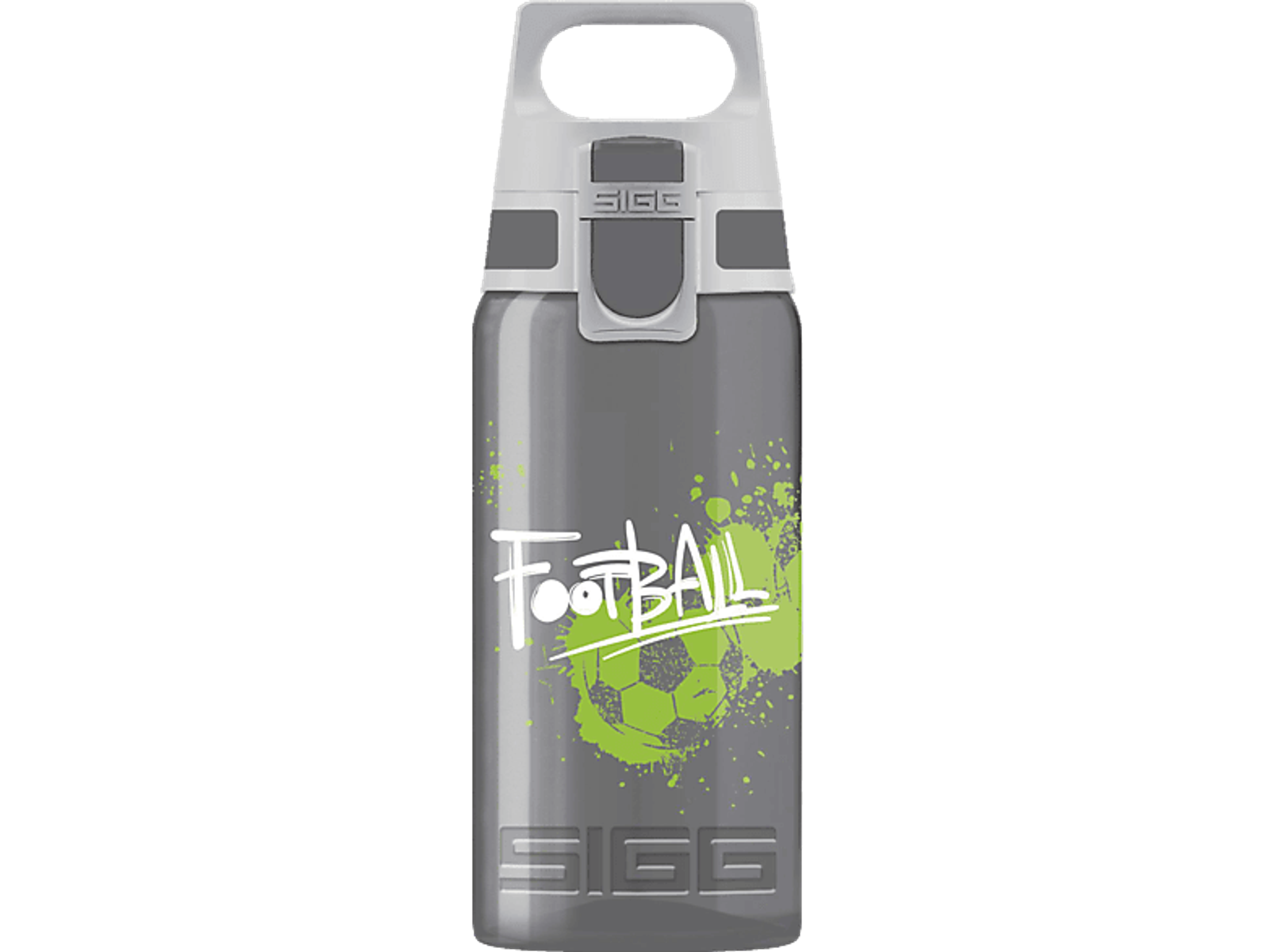Eine graue Wasserflasche mit grünem und weißem Fußball-Design.