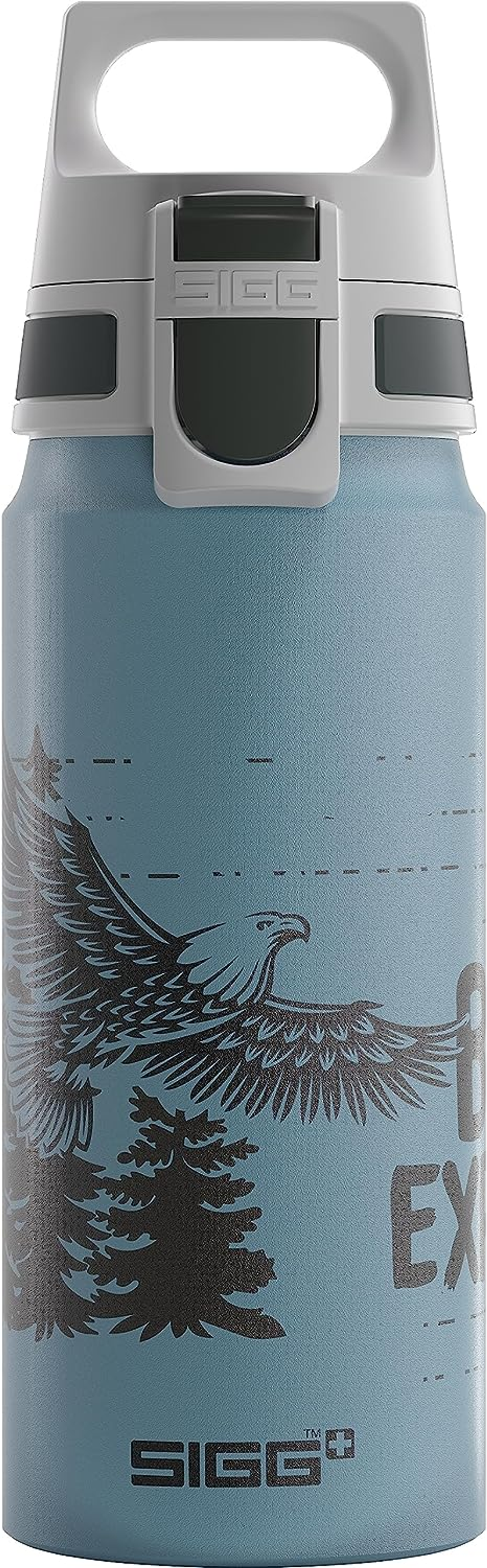 Blaue Wasserflasche mit Adlerdesign. Eine blaue Flasche mit silbernem Deckel und einer Adlergrafik.