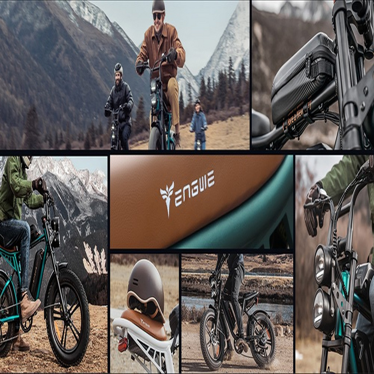 Eine Collage von E-Bikes in natürlicher Umgebung, mit Nahaufnahmen von Teilen.