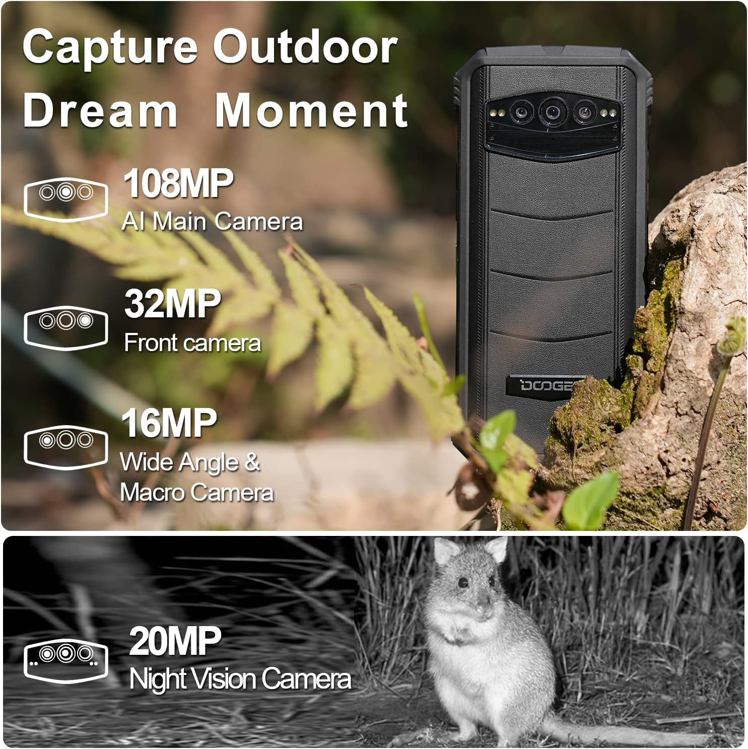 Schwarzes, robustes Telefon, Text: 'Capture Outdoor Dream Moment'. Außerdem ein Nachtsichtfoto eines Tieres.