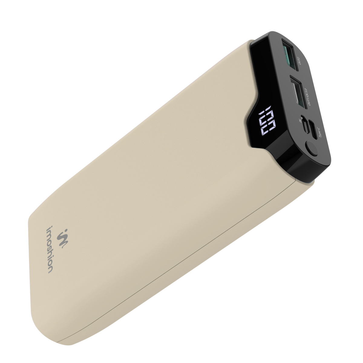 Batterie externe beige avec écran affichant 100%. Dessus noir avec ports, isolé sur fond blanc.