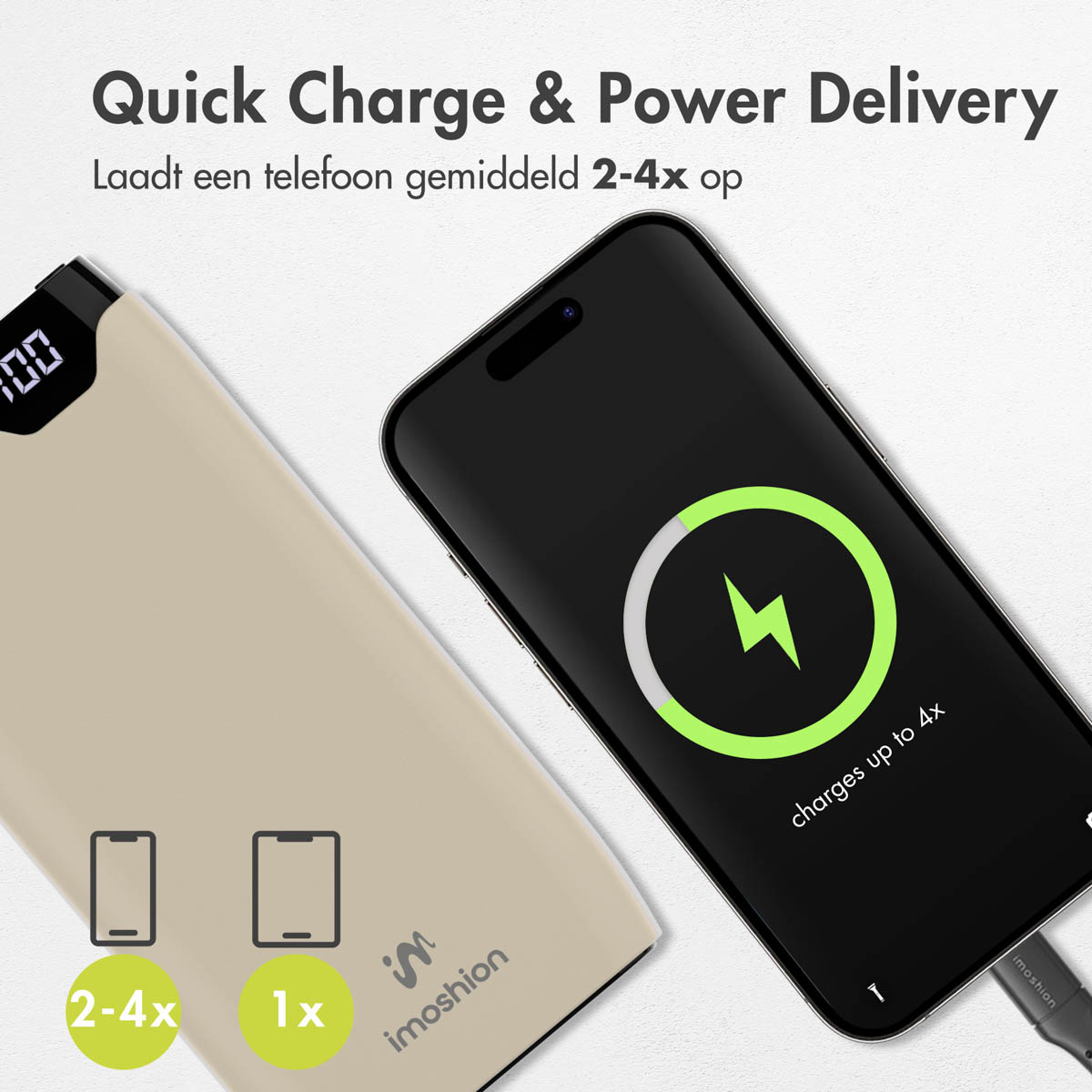 Une batterie externe charge un téléphone, de couleur beige clair. L'écran affiche un symbole de charge.