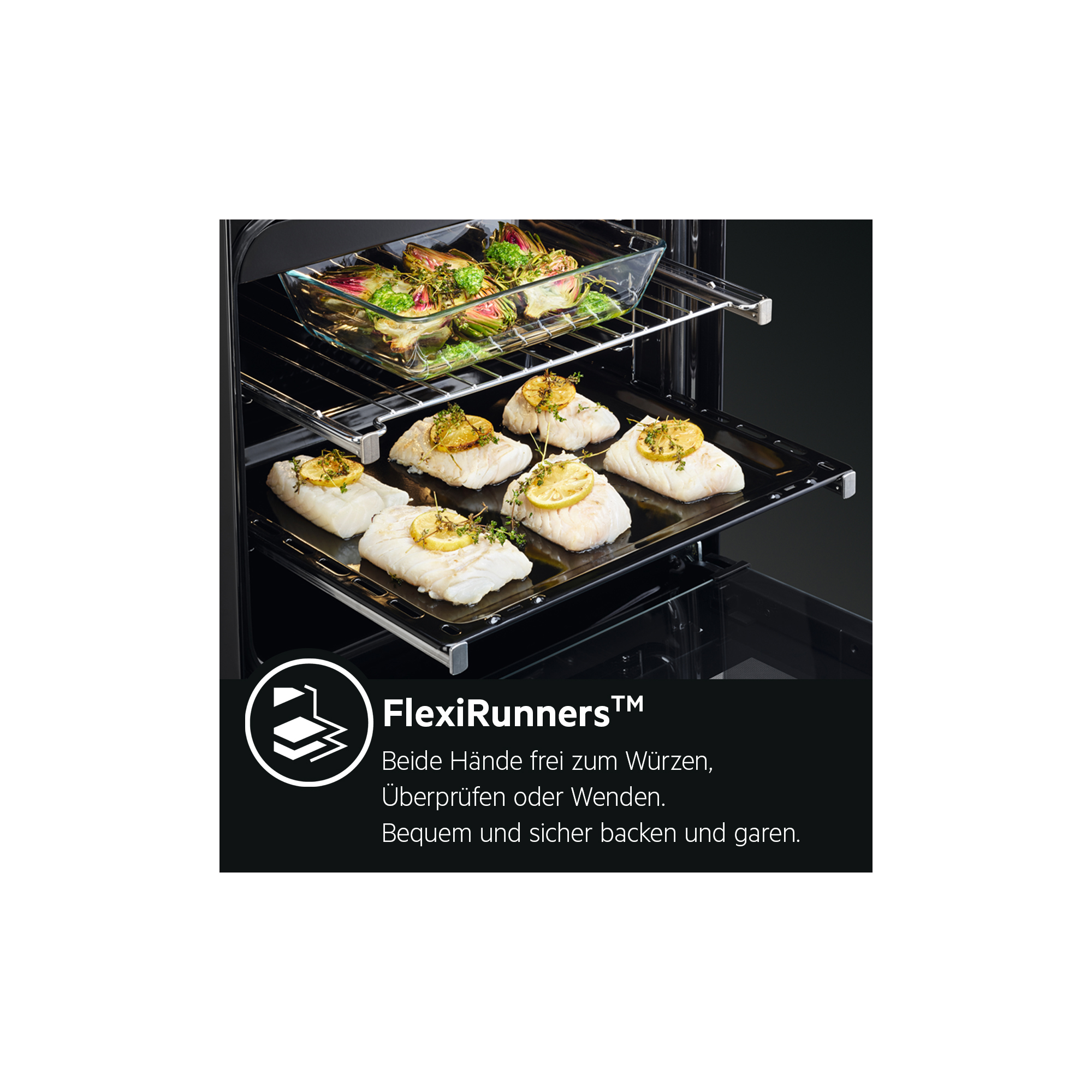 Backofen mit Essen auf Tabletts. Text: FlexiRunners. Einfach kontrollieren, wenden oder Speisen entnehmen.