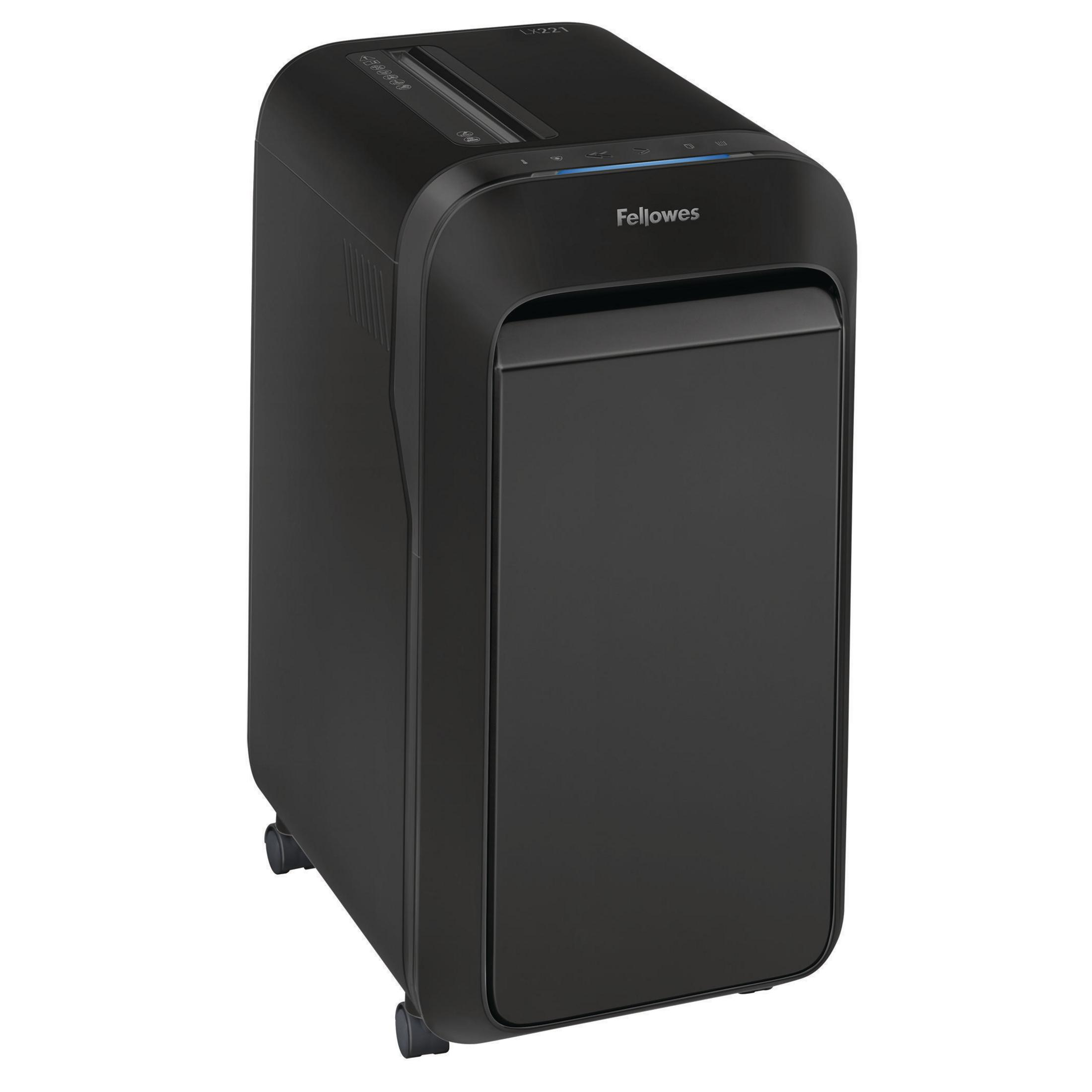 Black paper shredder. Front view, on wheels. Vertical design. Office equipment.