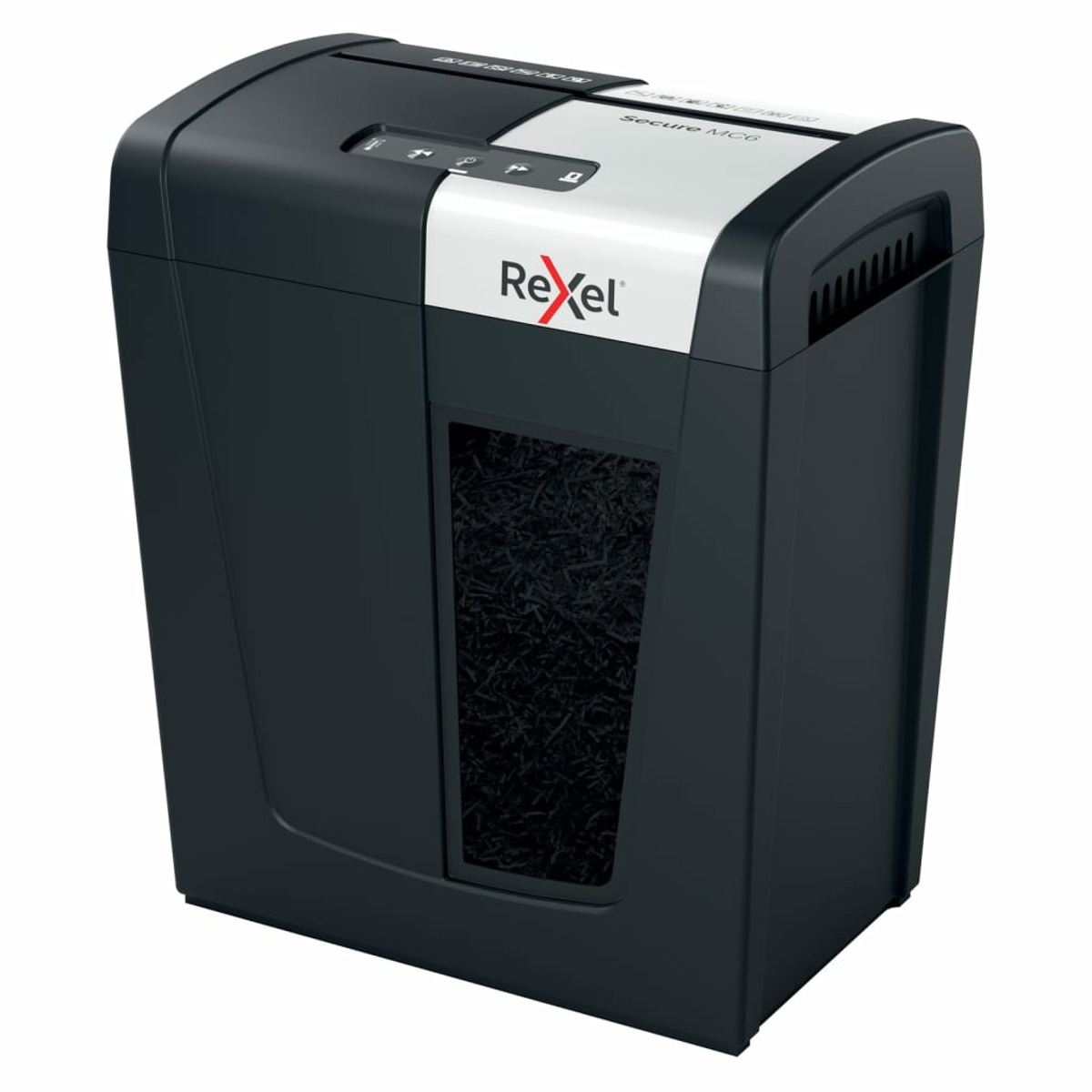 Czarno-biała niszczarka do papieru z marką Rexel. Okno pokazuje pocięty papier w środku.