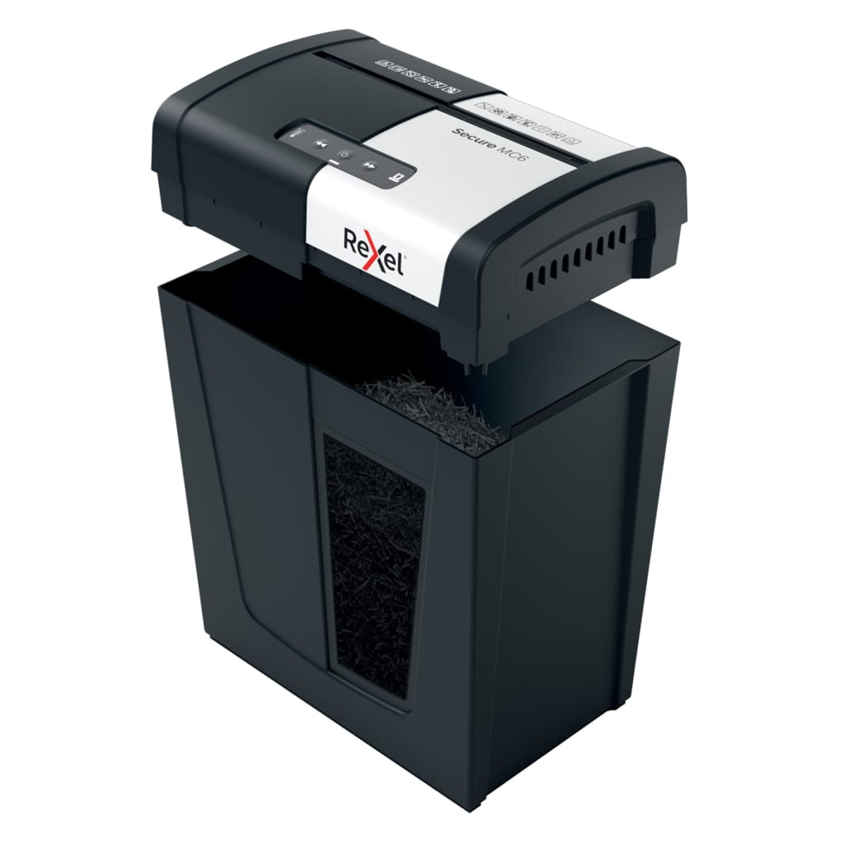 Czarno-biała niszczarka do papieru z widocznym pojemnikiem na pocięty papier, widok z góry.