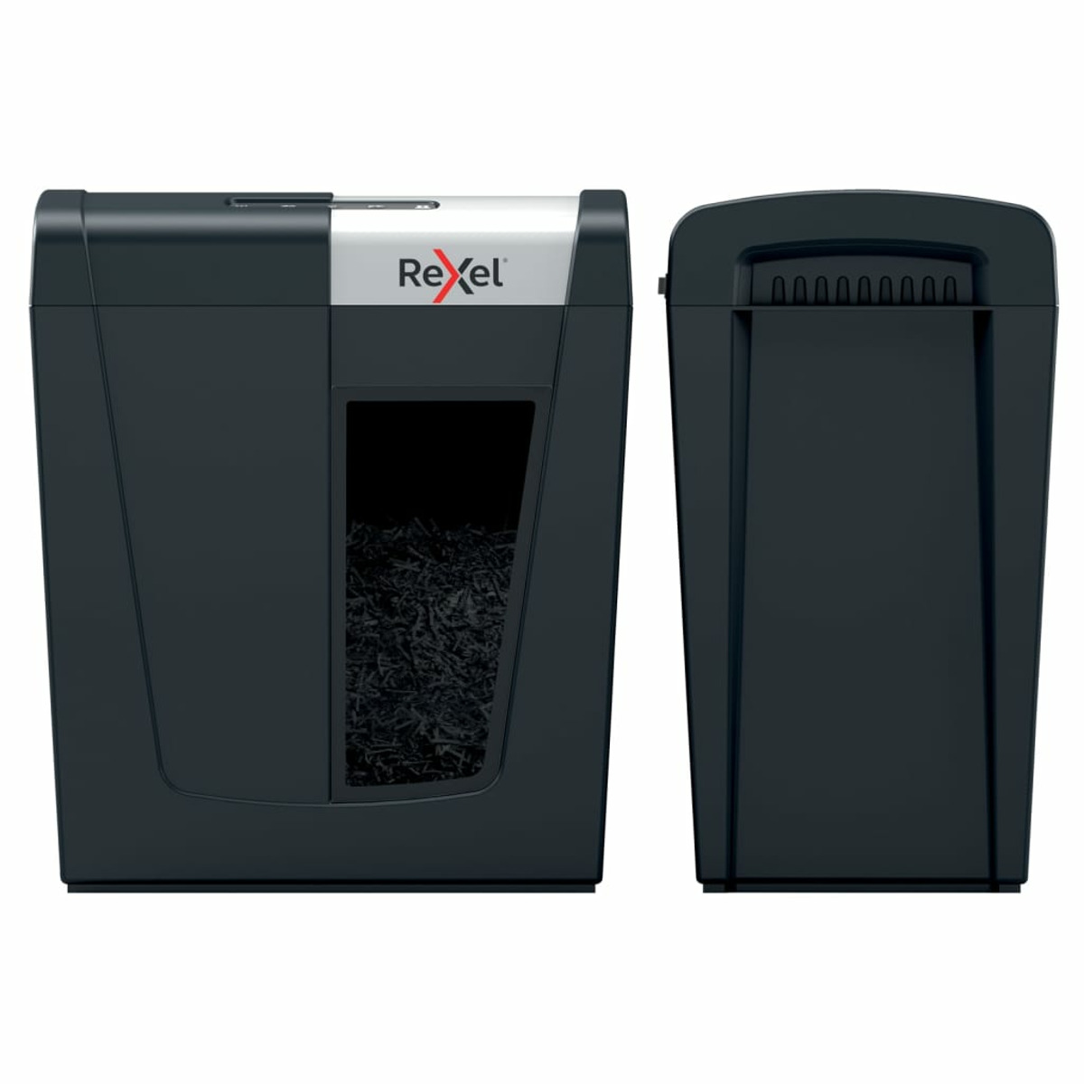 Czarna niszczarka do papieru z przezroczystym oknem i oddzielnym pojemnikiem na odpady. Białe tło.