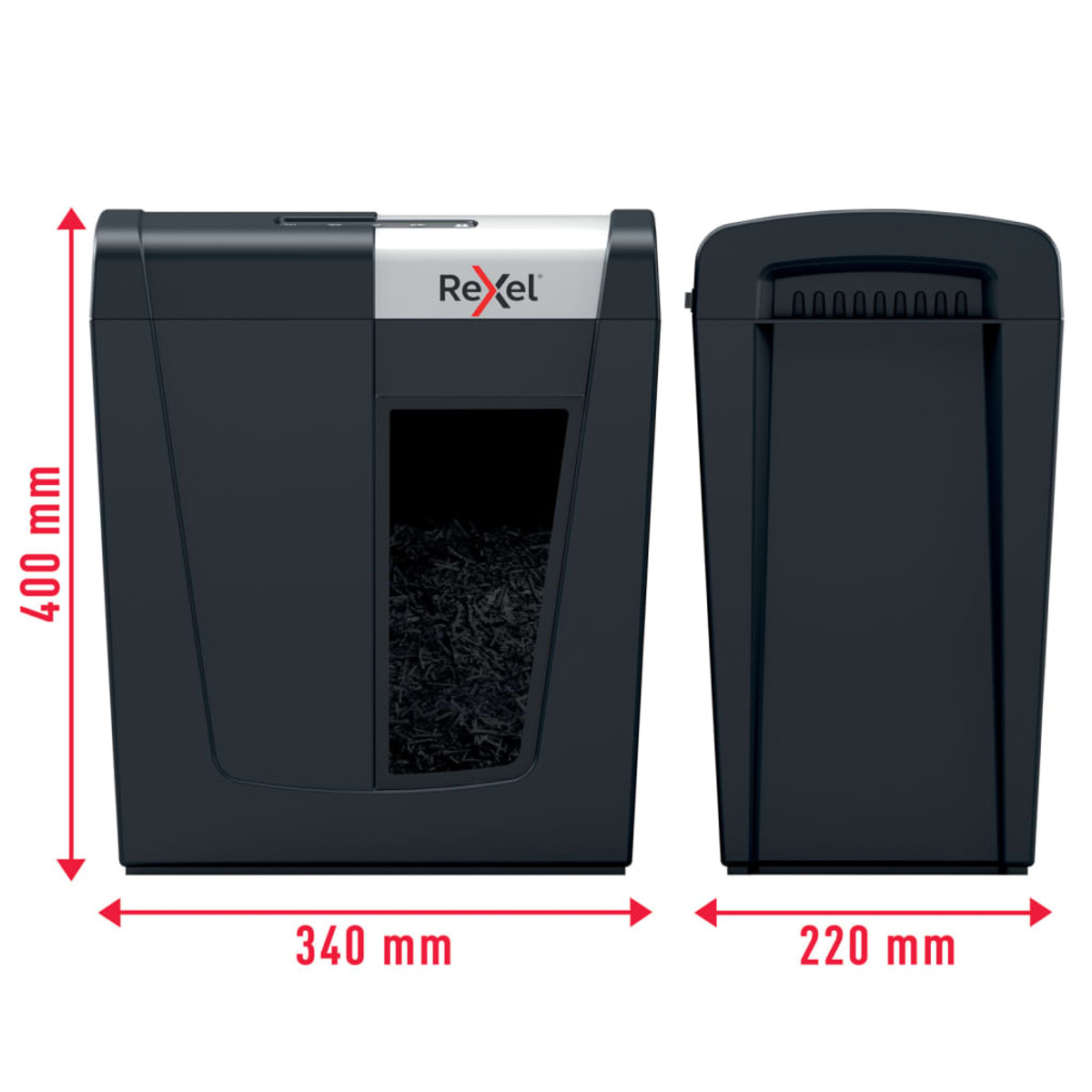 Czarna niszczarka do papieru z wymiarami. Białe tło.