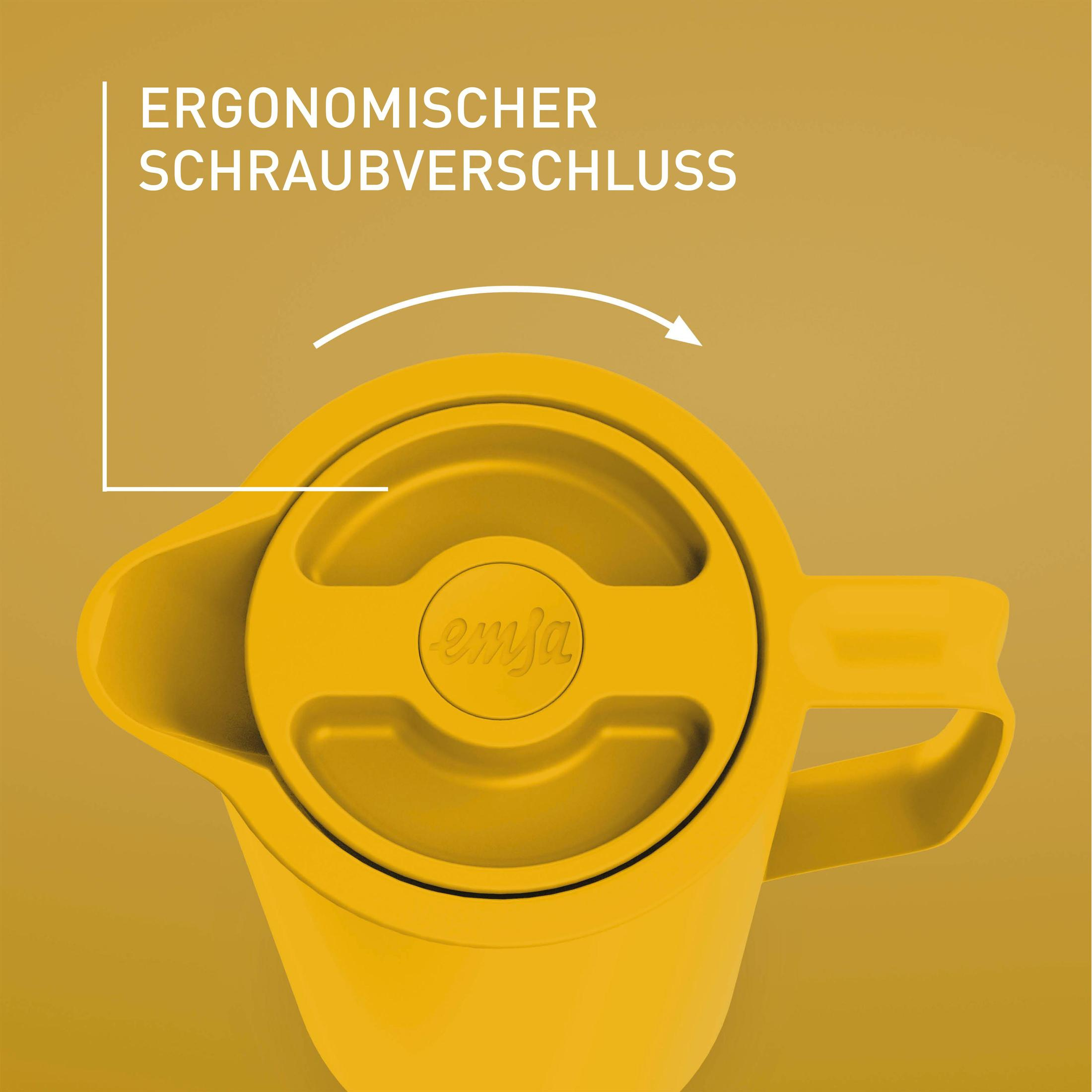Gelber Krug mit Schraubverschluss. Text sagt 'Ergonomischer Schraubverschluss'.