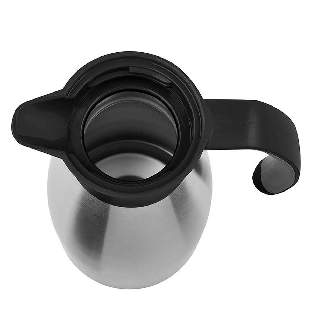 Vue de dessus d'un thermos en acier inoxydable avec anse et couvercle noirs.