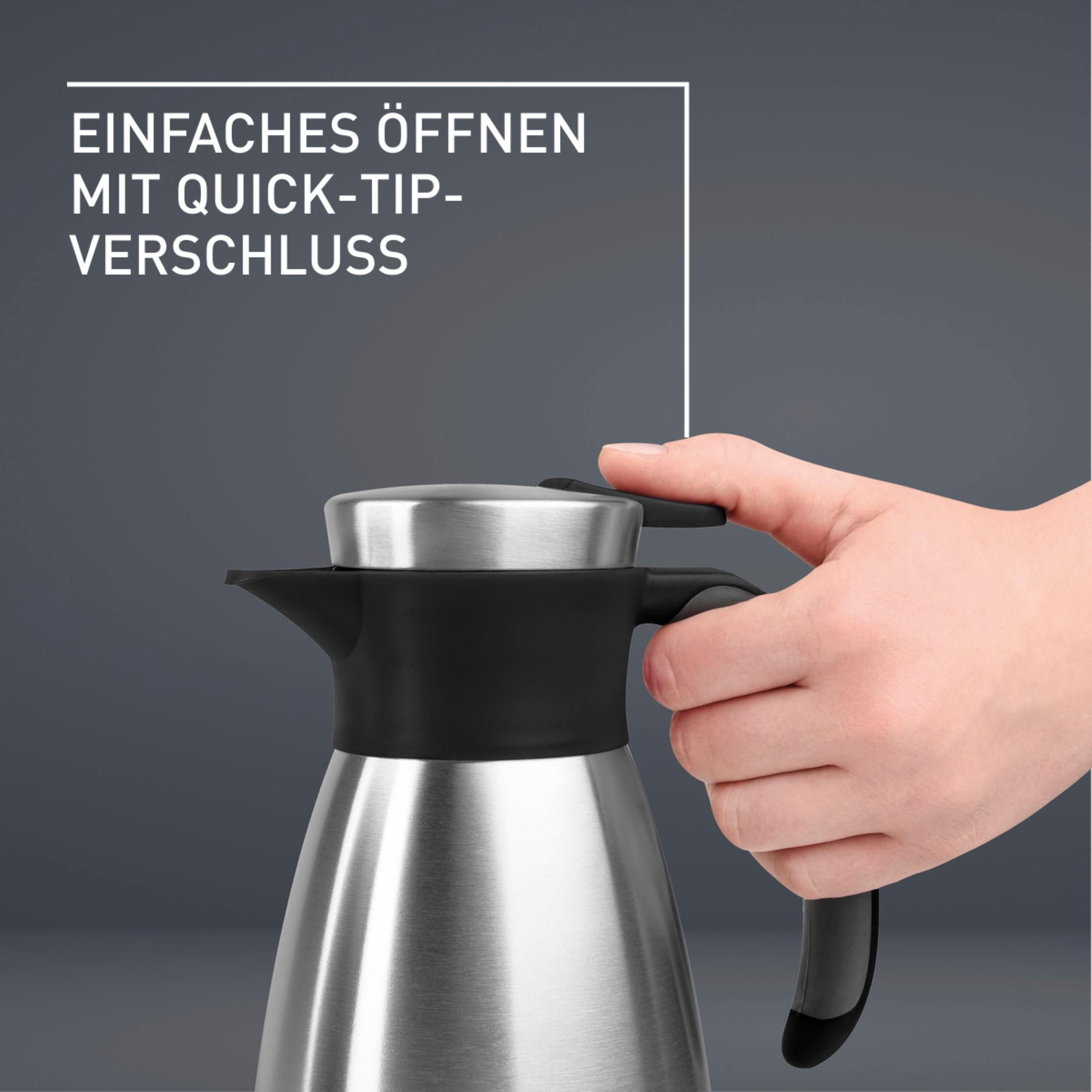 Un thermos en acier inoxydable avec une poignée noire et une ligne blanche avec du texte au-dessus.