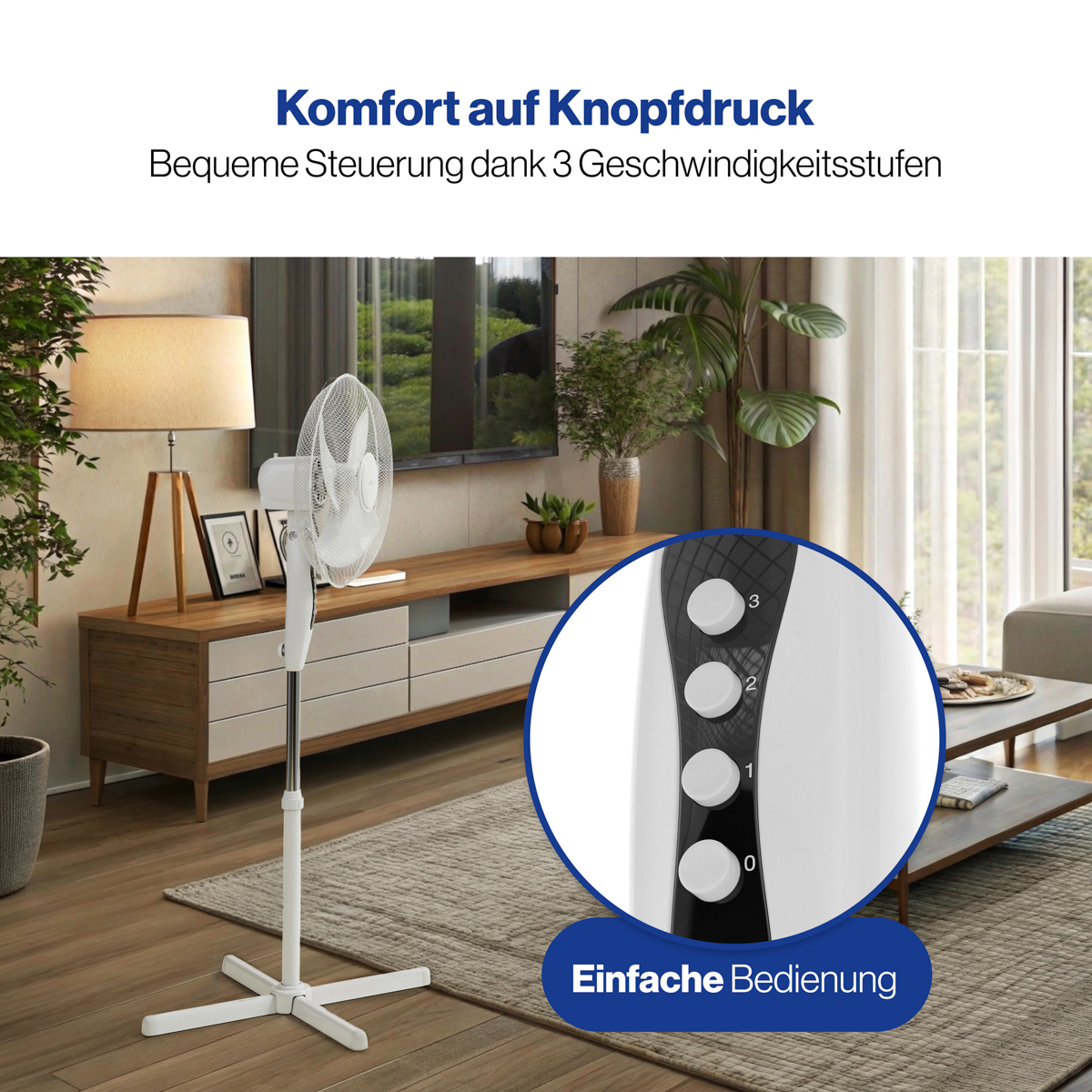 Biały wentylator w pokoju. Szczegół przycisków regulacji prędkości. Tło z telewizorem i roślinami.