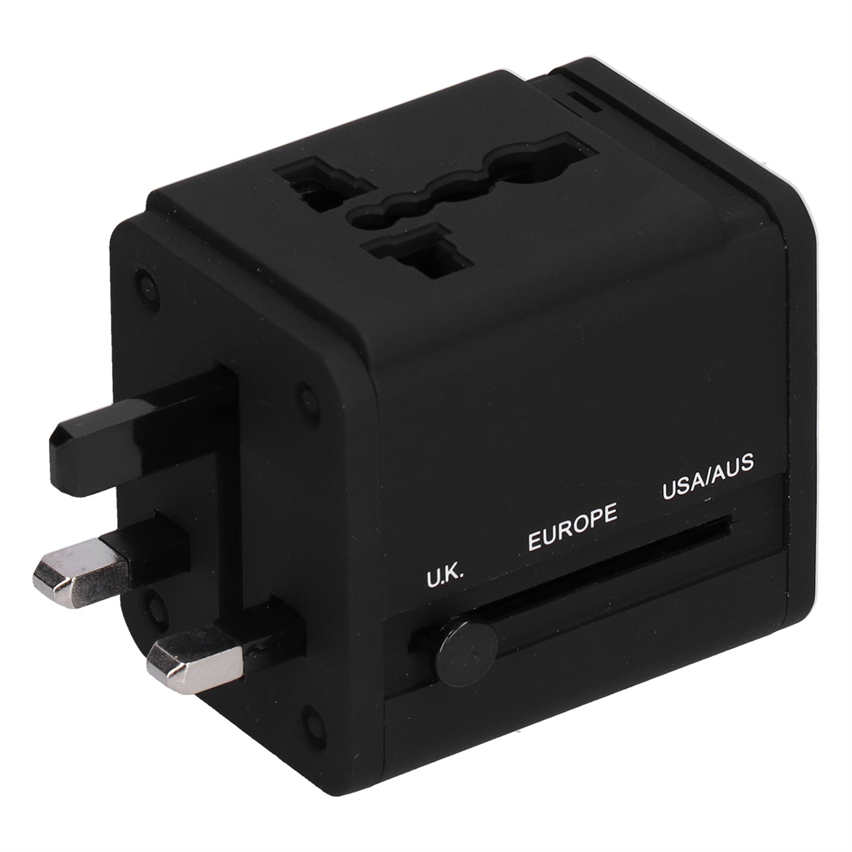Schwarzer Universal-Reiseadapter mit Steckern für Großbritannien, Europa und USA/AUS.