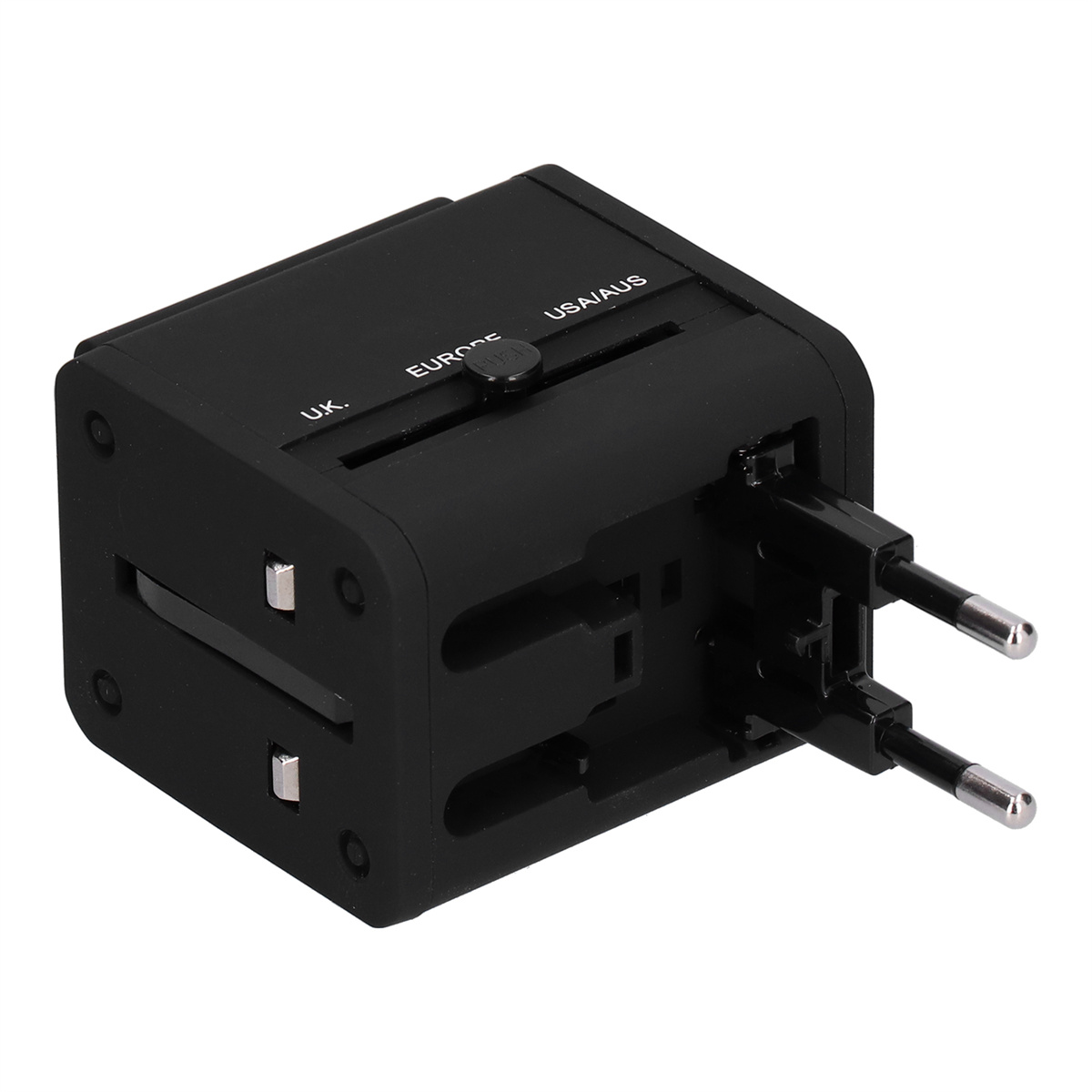 Schwarzer Universal-Reiseadapter mit mehreren Ein-/Ausgangsoptionen. Weißer Hintergrund.