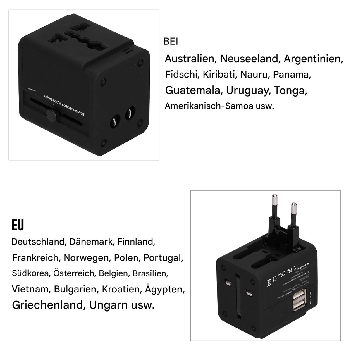 Schwarzer Reiseadapter mit mehreren Steckern. Text listet Länder, die den Adapter verwenden.