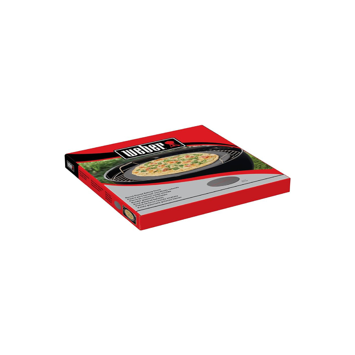 Una caja rectangular con el logotipo de Weber sobre una superficie blanca. La caja es roja y negra.