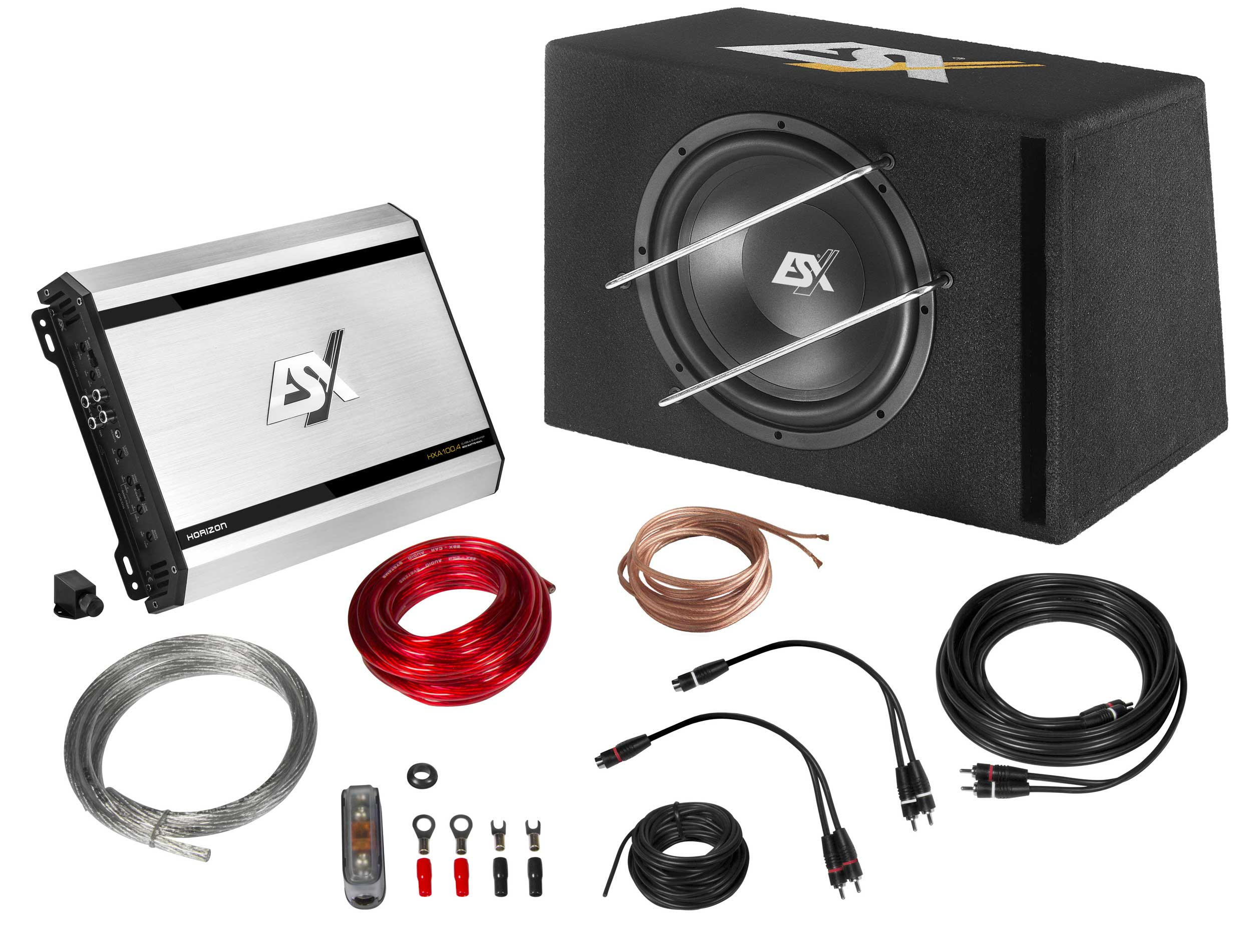 Subwoofer und Verstärker Car-Audio-Set, mit Kabeln und Zubehör.