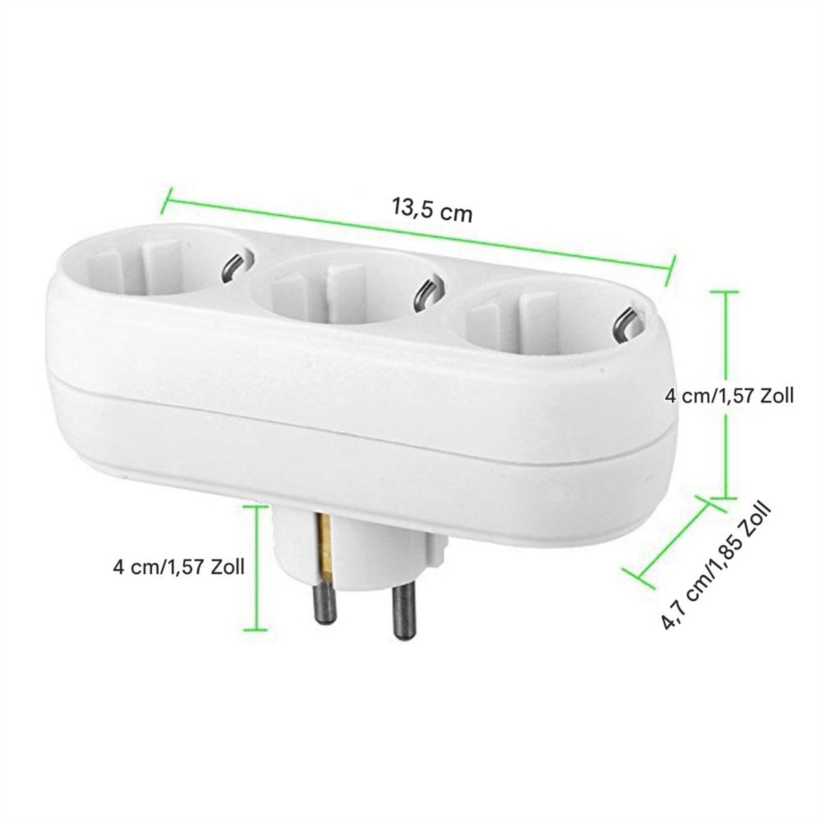 Ein weißer Netzadapter mit drei Steckdosen, mit Größenangaben.
