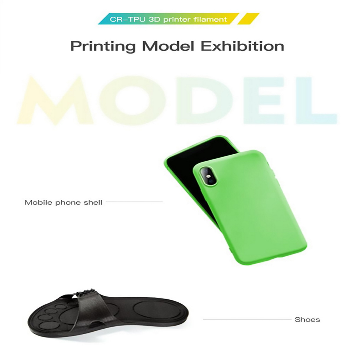 Pubblicità stampata per custodie per telefoni e scarpe. Vengono mostrate una custodia verde e scarpe nere.