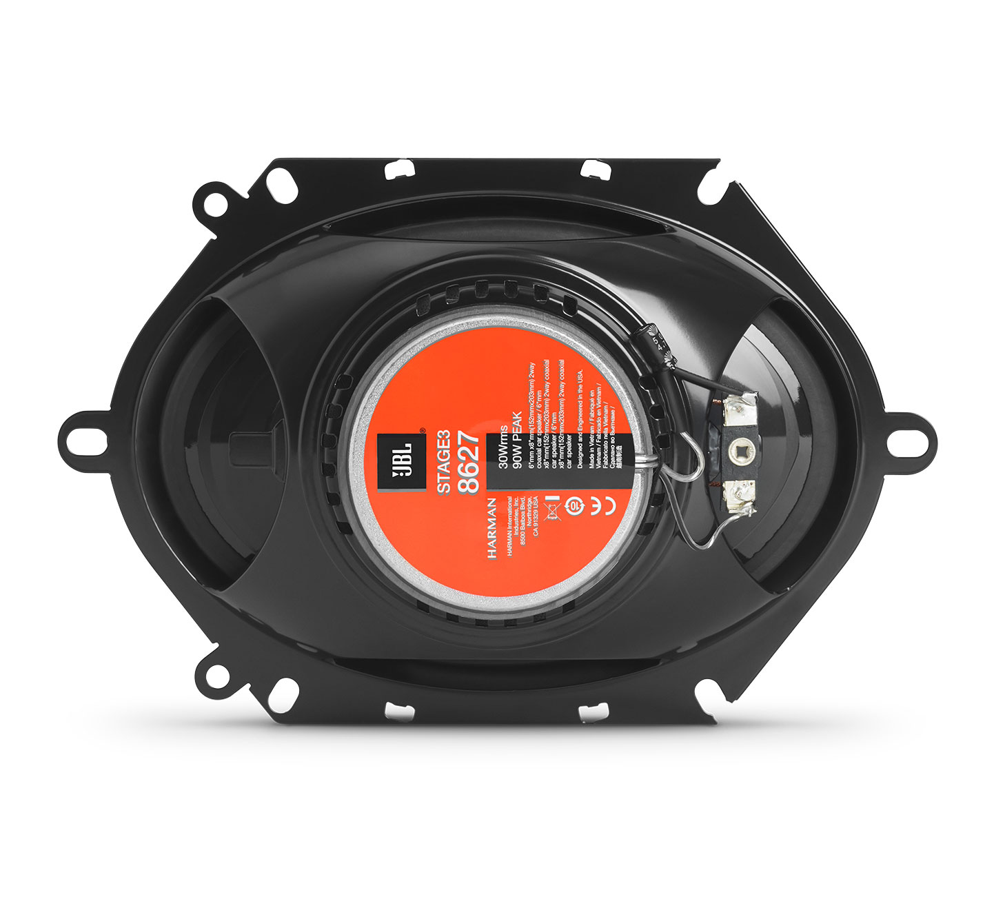Ein JBL-Lautsprecher in einem schwarzen Rahmen, mit einem orangefarbenen Zentrum und dem JBL-Logo.