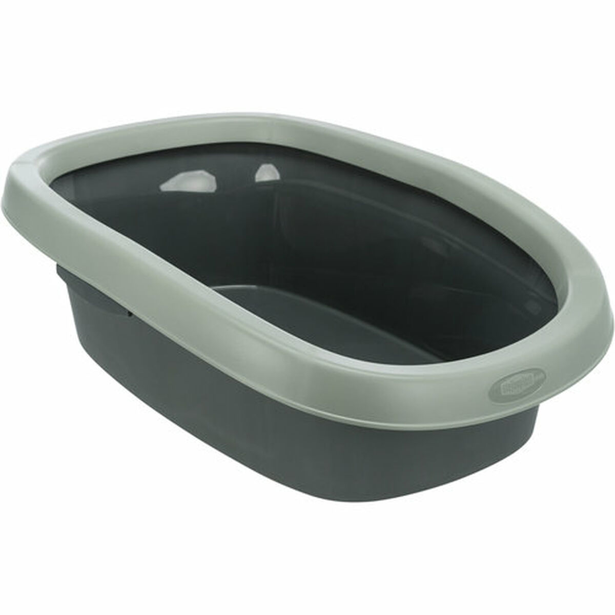 Graue Kunststoff-Haustier-Toilettenbox. Die Box ist oval geformt mit einem hellgrauen Rand.