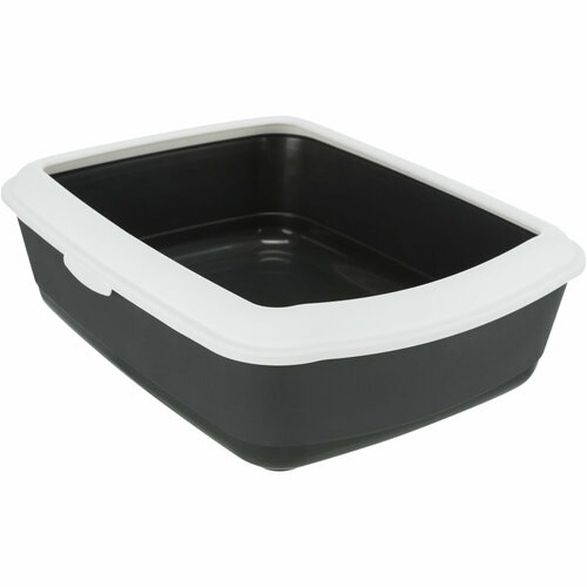 Schwarze und weiße Katzentoilette auf weißer Oberfläche.
