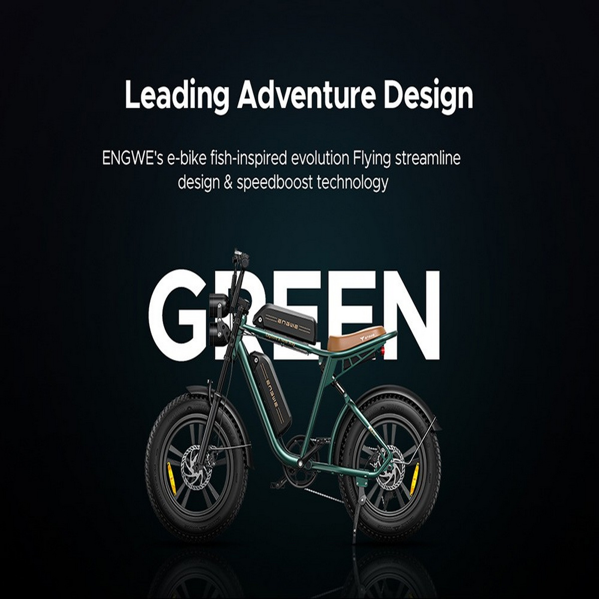 Grünes Elektrofahrrad auf schwarzem Hintergrund. Text: GREEN, Leading Adventure Design. Schwarze und weiße Details.