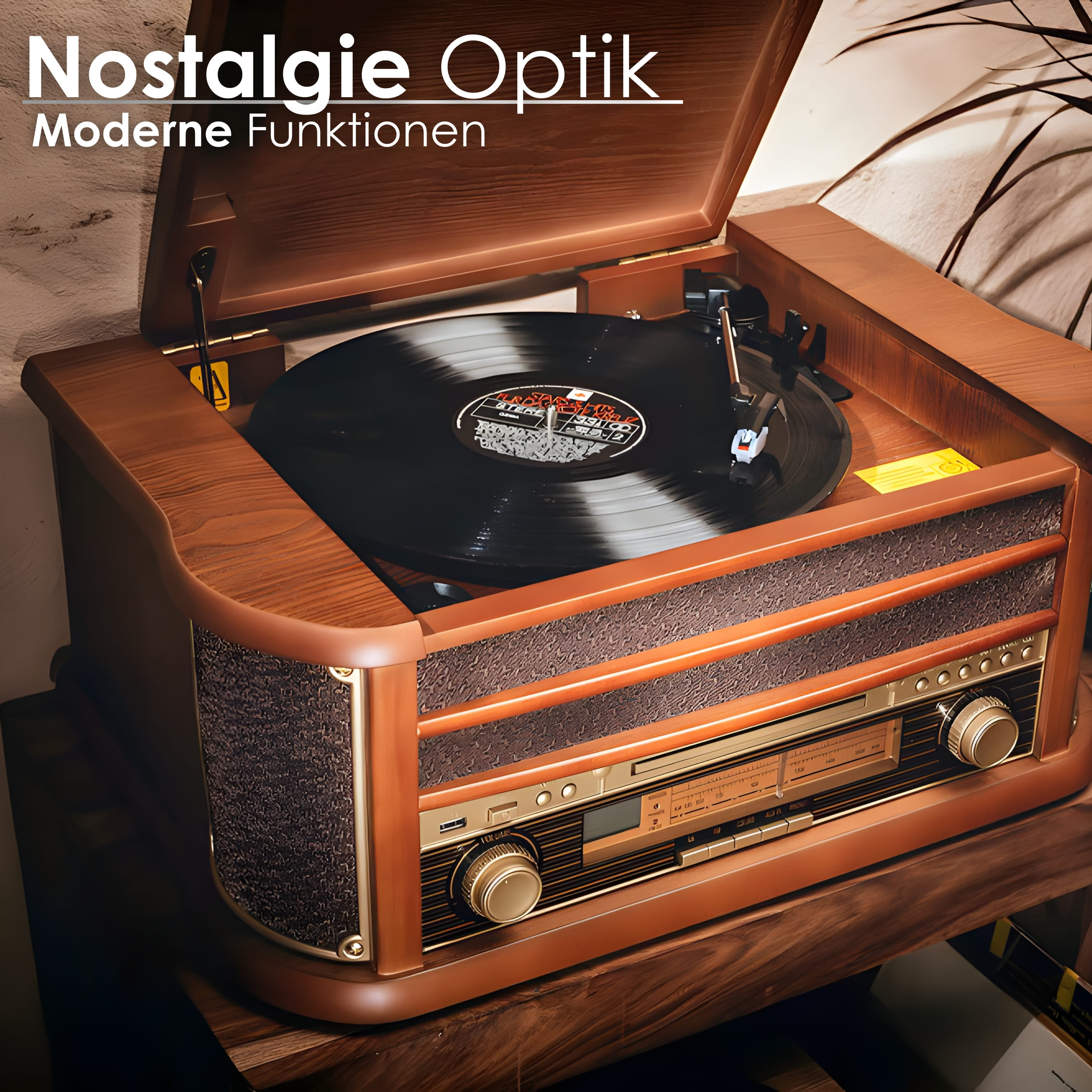 Ein Vintage-Plattenspieler. Er hat ein Holzgehäuse mit einer Schallplatte auf dem Plattenteller.