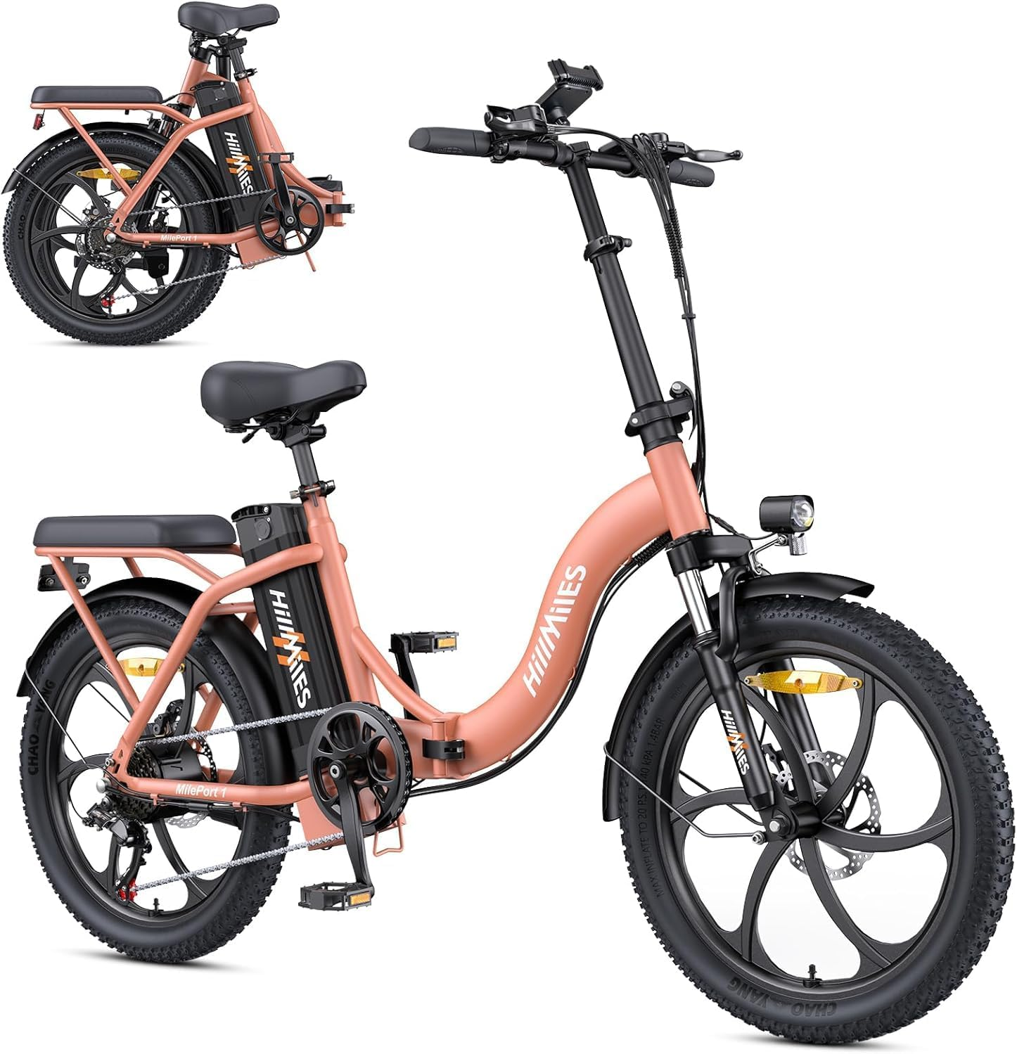 Bicicletta elettrica rosa, con due viste, mostrando fronte e lato.