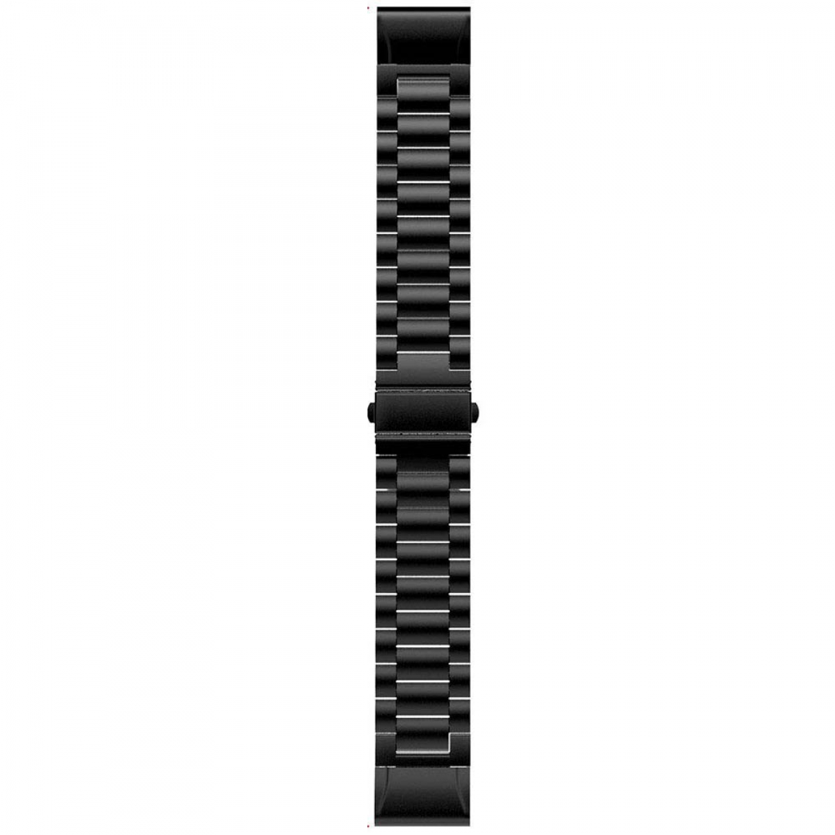 Ein schwarzes Uhrenarmband auf Weiß. Es besteht aus verbundenen Metallstücken.