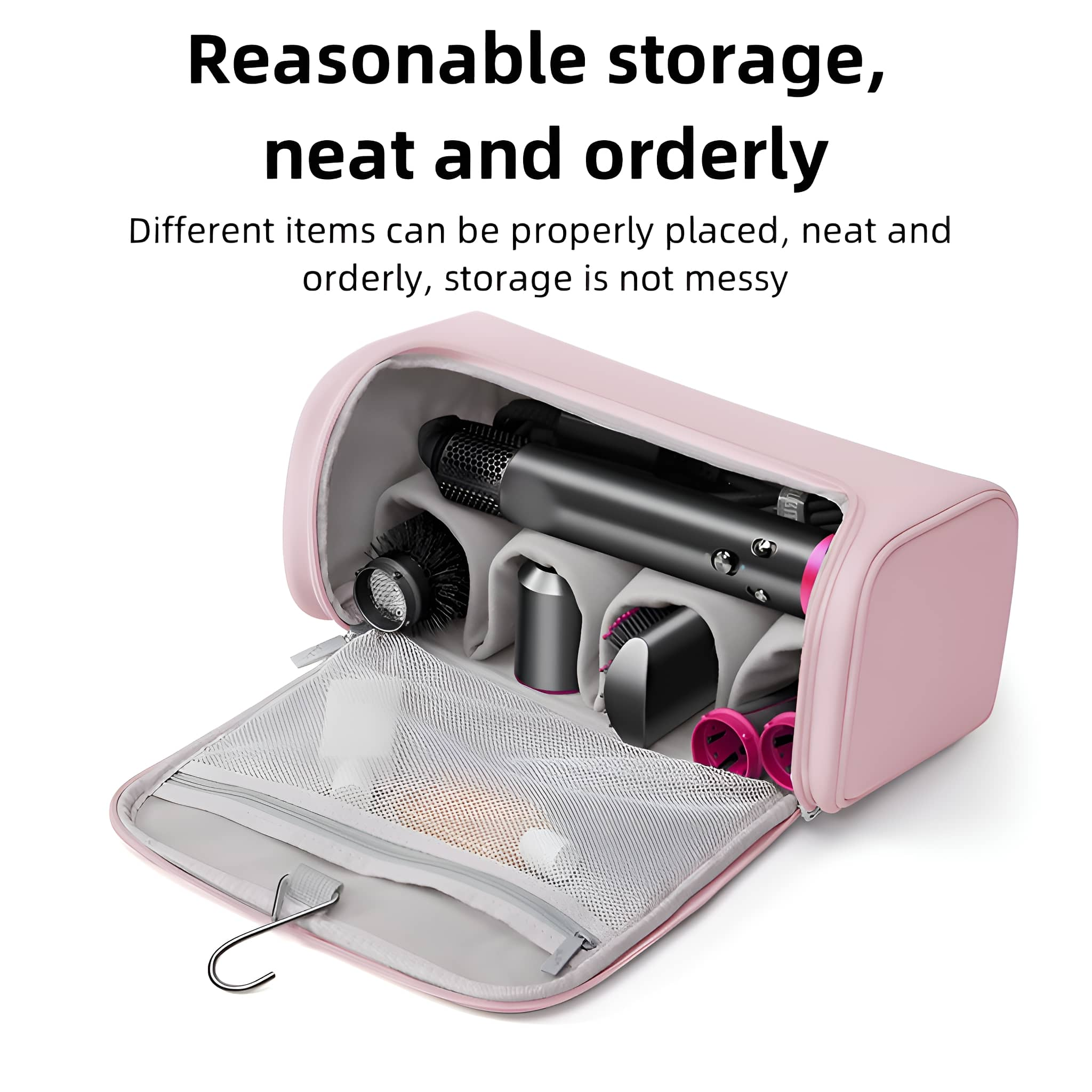 Rosa Reisetasche mit verschiedenen Beauty-Tools und Zubehör, teilweise geöffnet.
