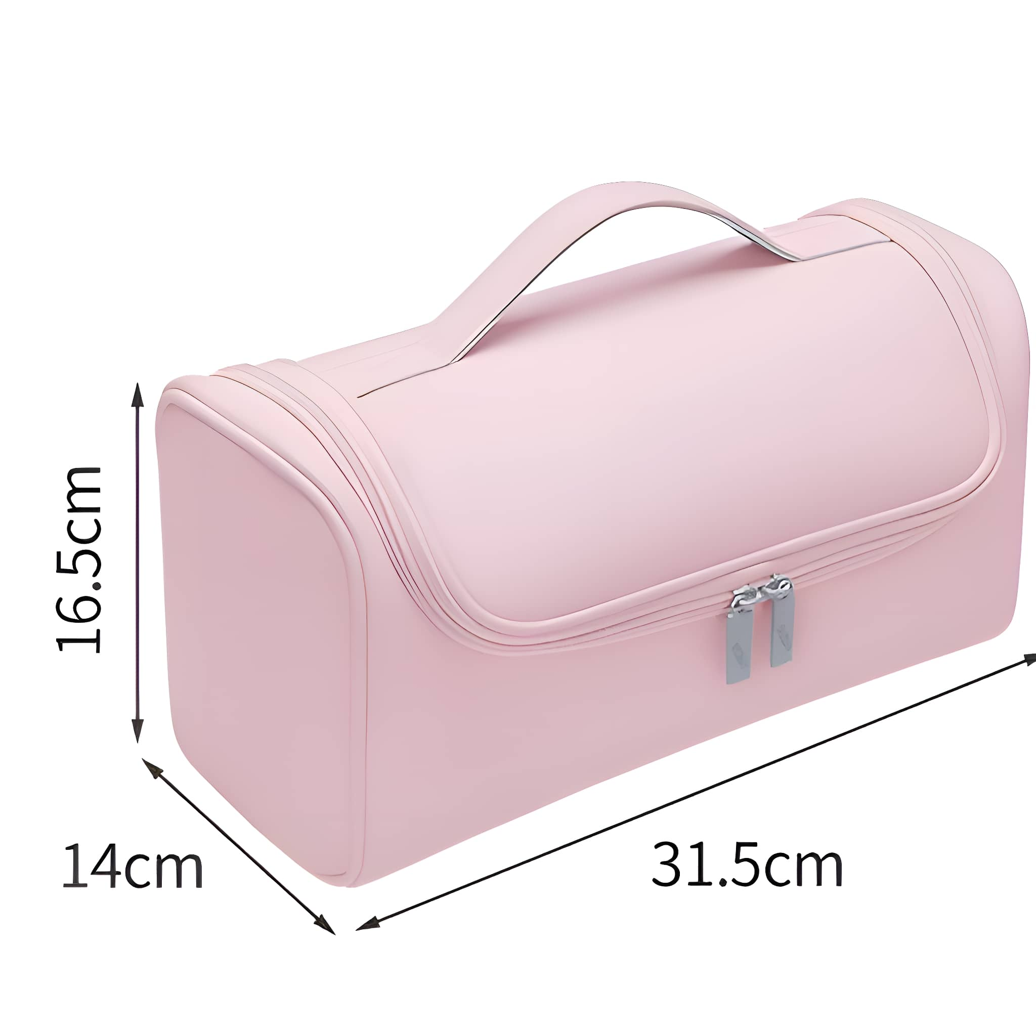 Rosa rechteckige Reisetasche mit Griff und Reißverschlüssen. Abmessungen sind angegeben.