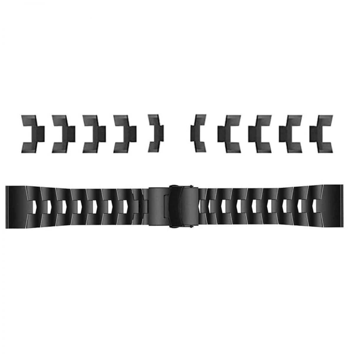 Schwarze Uhrenarmbandkomponenten. Enthält Glieder für das Armband und den Verschluss.