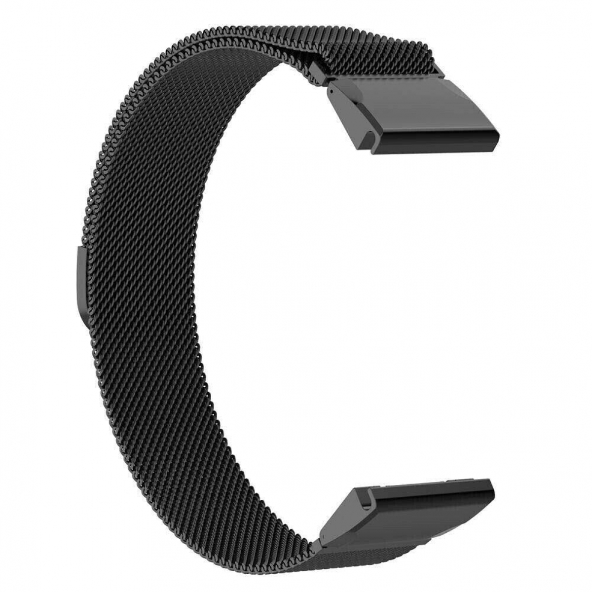 Schwarzes Uhrenarmband, gewebter Mesh-Stil, mit Verschluss. Weißer Hintergrund. Nahaufnahme.