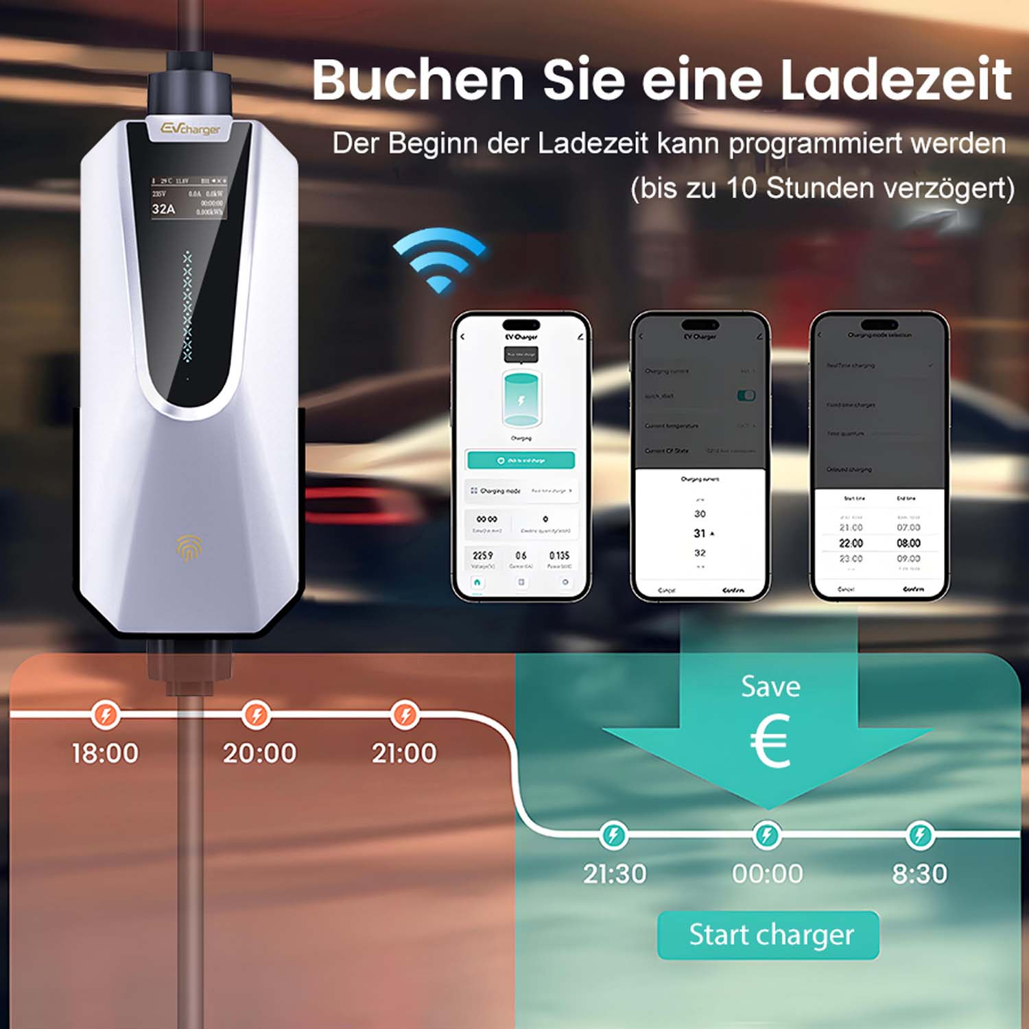 Ładowarka EV z ekranami telefonów pokazującymi ustawienia ładowania i harmonogram.