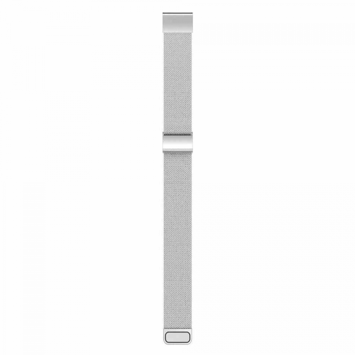 Silbernes Edelstahl-Uhrenarmband, ein langes Mesh-Band mit Verschluss.