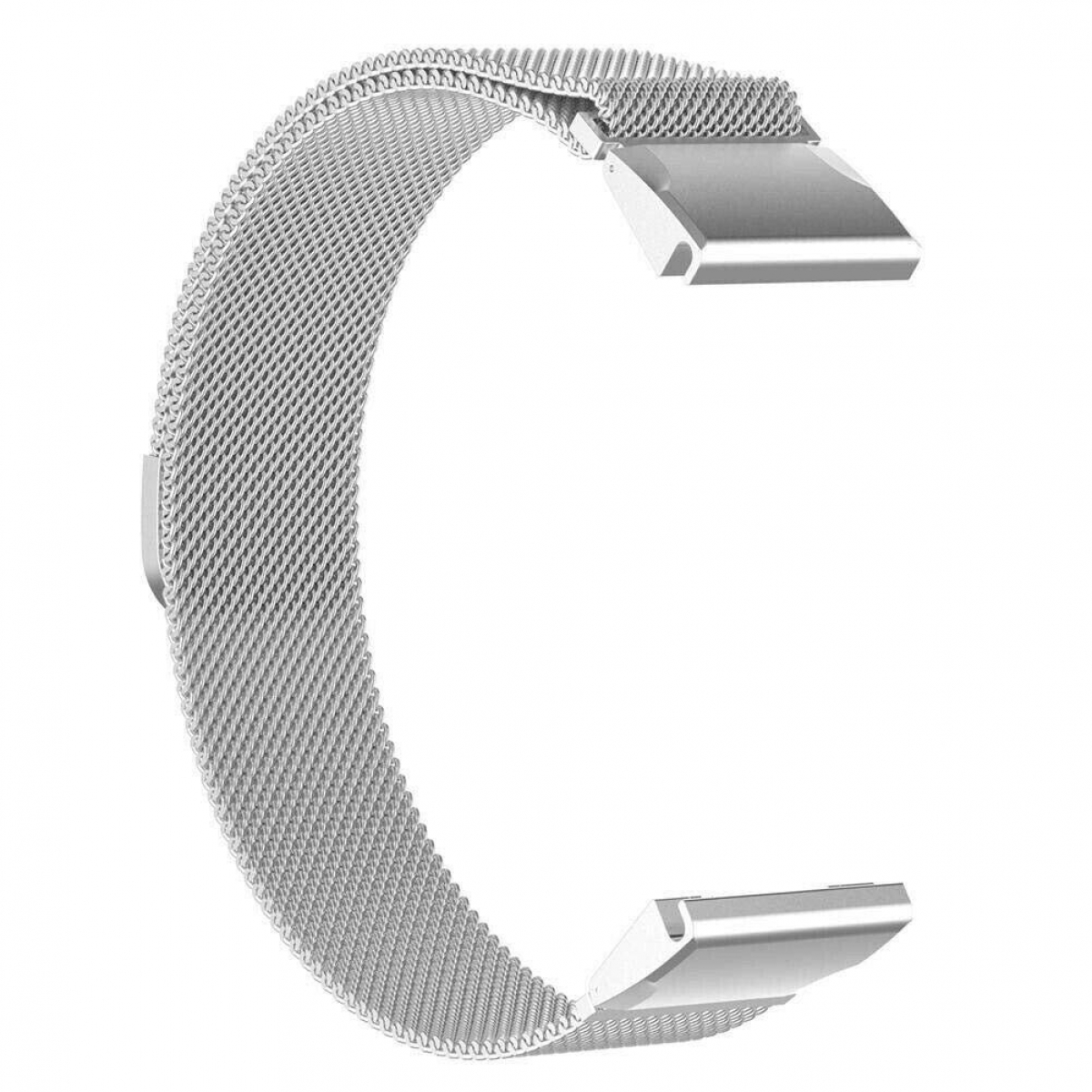 Ein silbernes Mesh-Uhrenarmband, C-förmig gebogen, mit Metallverschlüssen an jedem Ende.