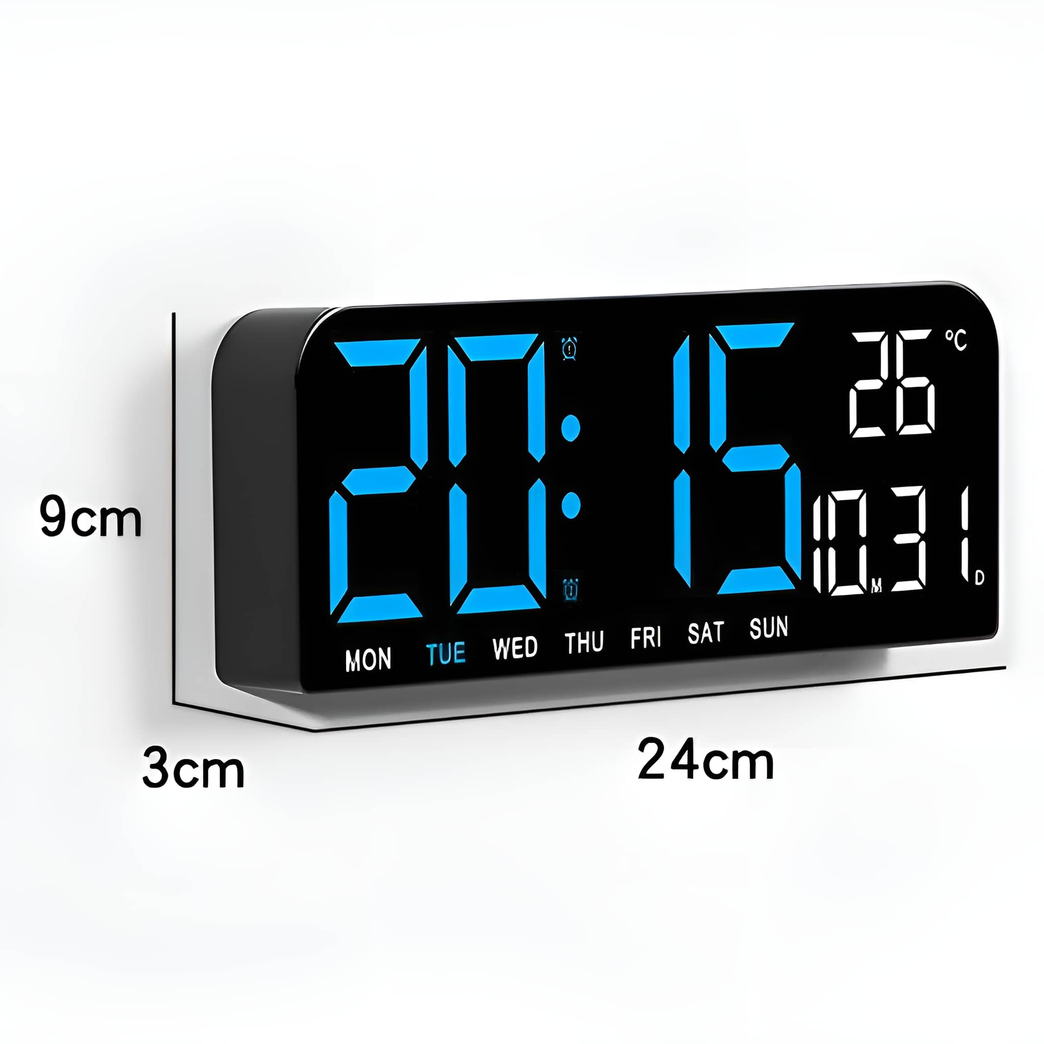 Digitaluhr mit Zeit- und Datumsanzeige. Große blaue Ziffern zeigen 20:15, mit Tag und Datum darunter.