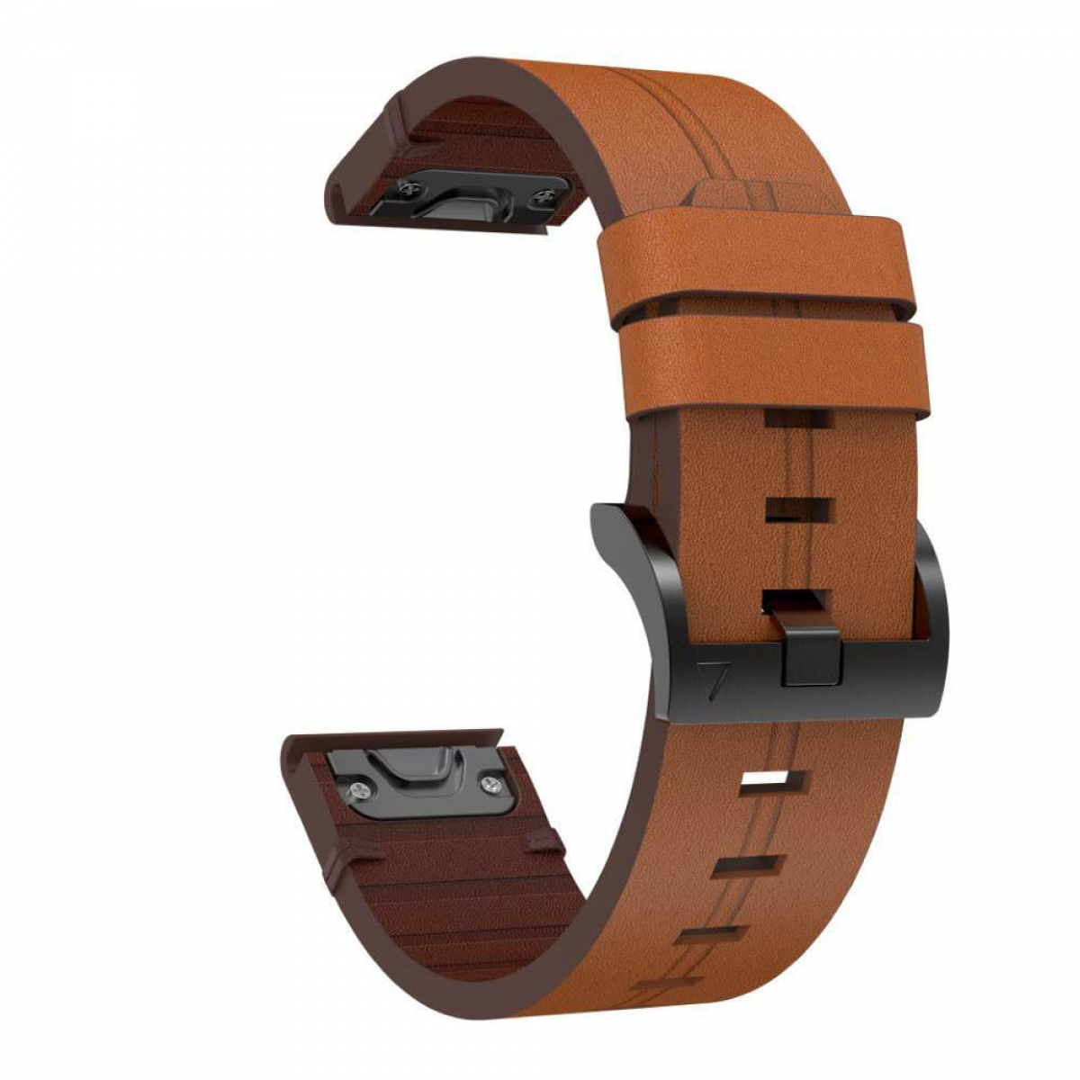 Braunes Lederarmband mit schwarzem Verschluss. Es hat sichtbare Nähte und eine schwarze Schnalle.