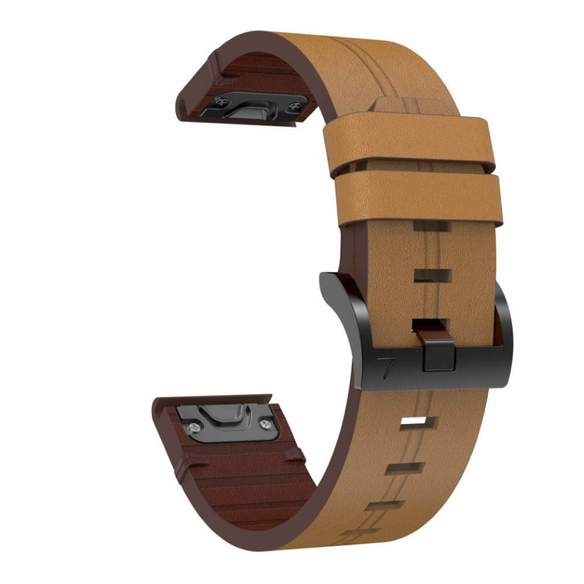 Braunes Lederarmband mit schwarzer Schnalle, das das Uhrenarmband zeigt.