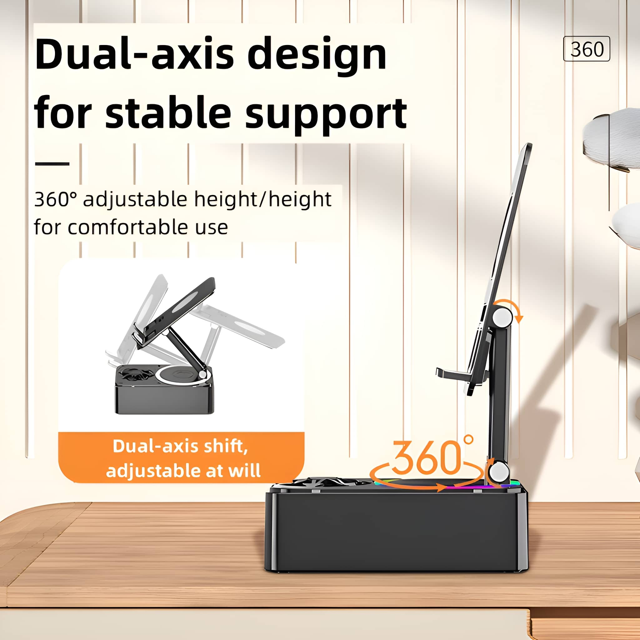 Telefonständer mit Dual-Axis-Design, 360-Grad-Höhenverstellung und einem kabellosen Ladegerät.