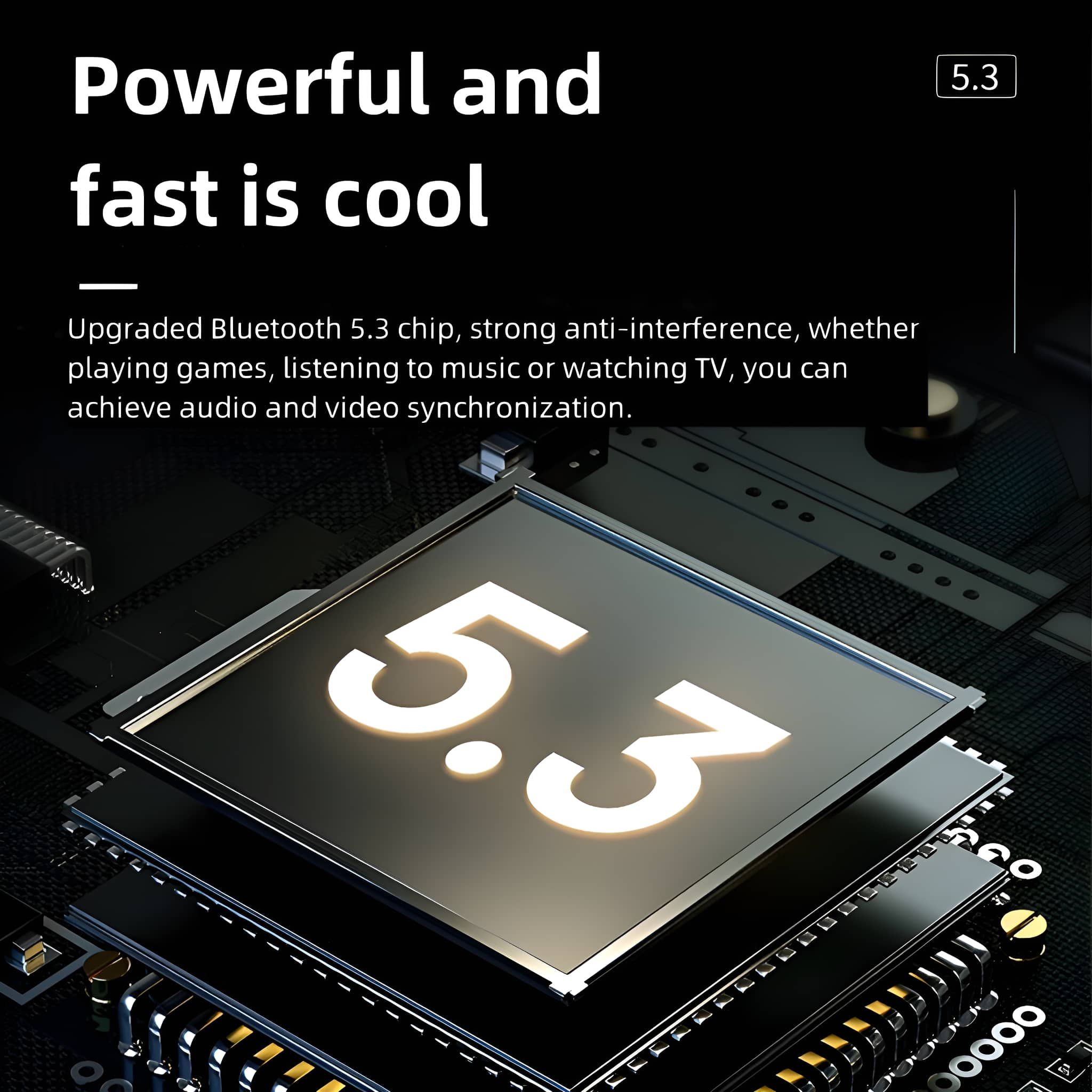 Nahaufnahme einer Platine mit einem 5.3-Chip, mit Text, der Bluetooth beschreibt.