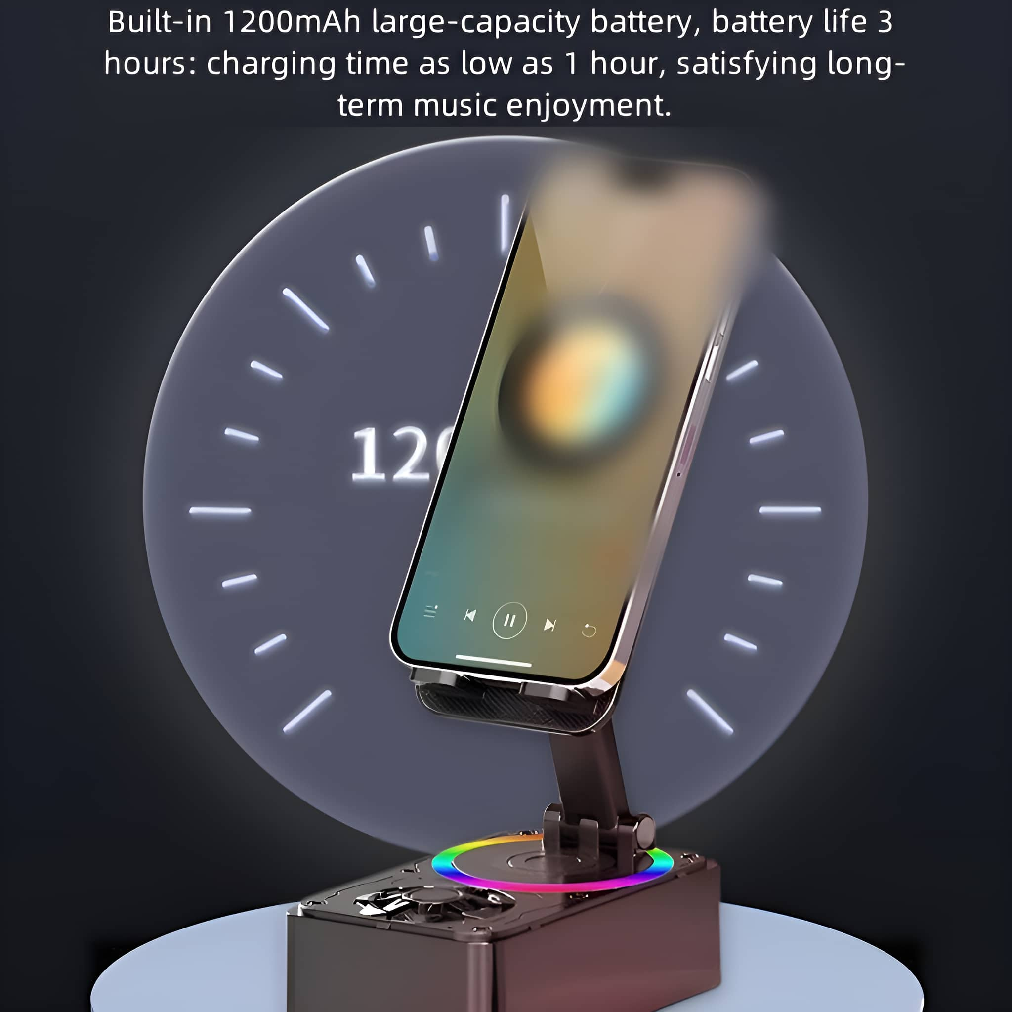 Ein Telefon auf einem Ständer, zeigt eine Uhr, mit farbenfroher Lichtbasis und Text.