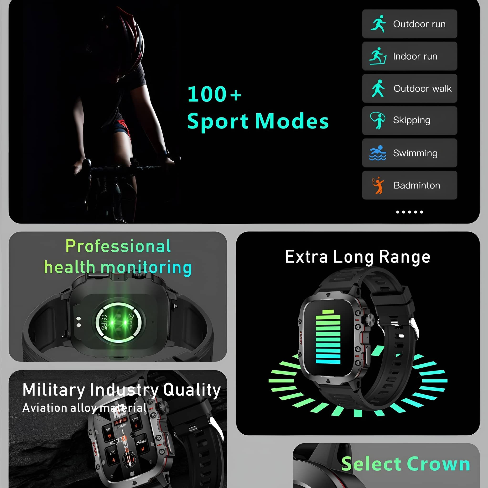Eine Smartwatch mit mehreren Sportmodi, Gesundheitsüberwachung und Fokus auf Luftfahrtlegierungsmaterial.