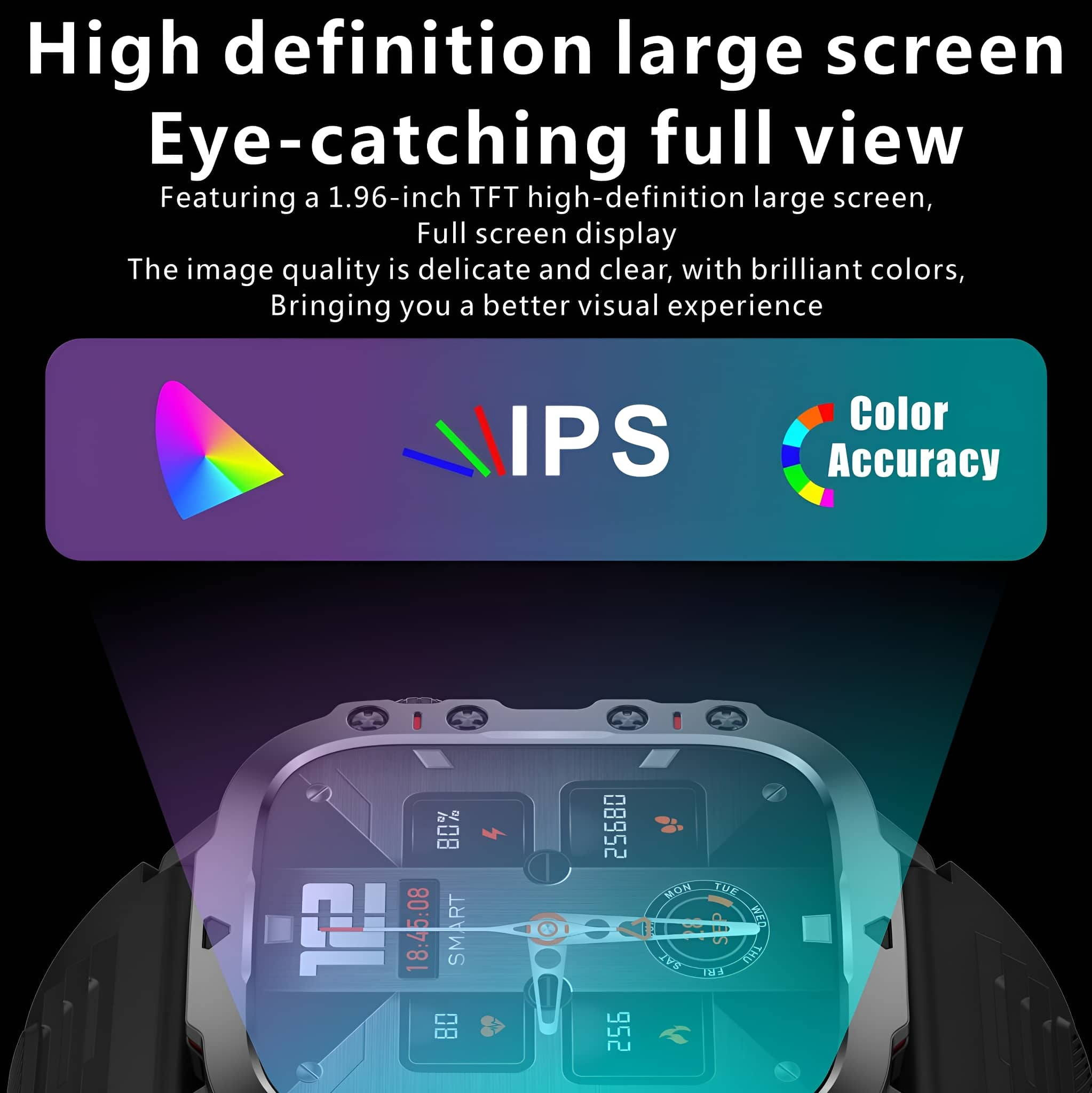 Eine Smartwatch zeigt verschiedene Informationen an, mit Farbtreue- und IPS-Technologie-Labels.