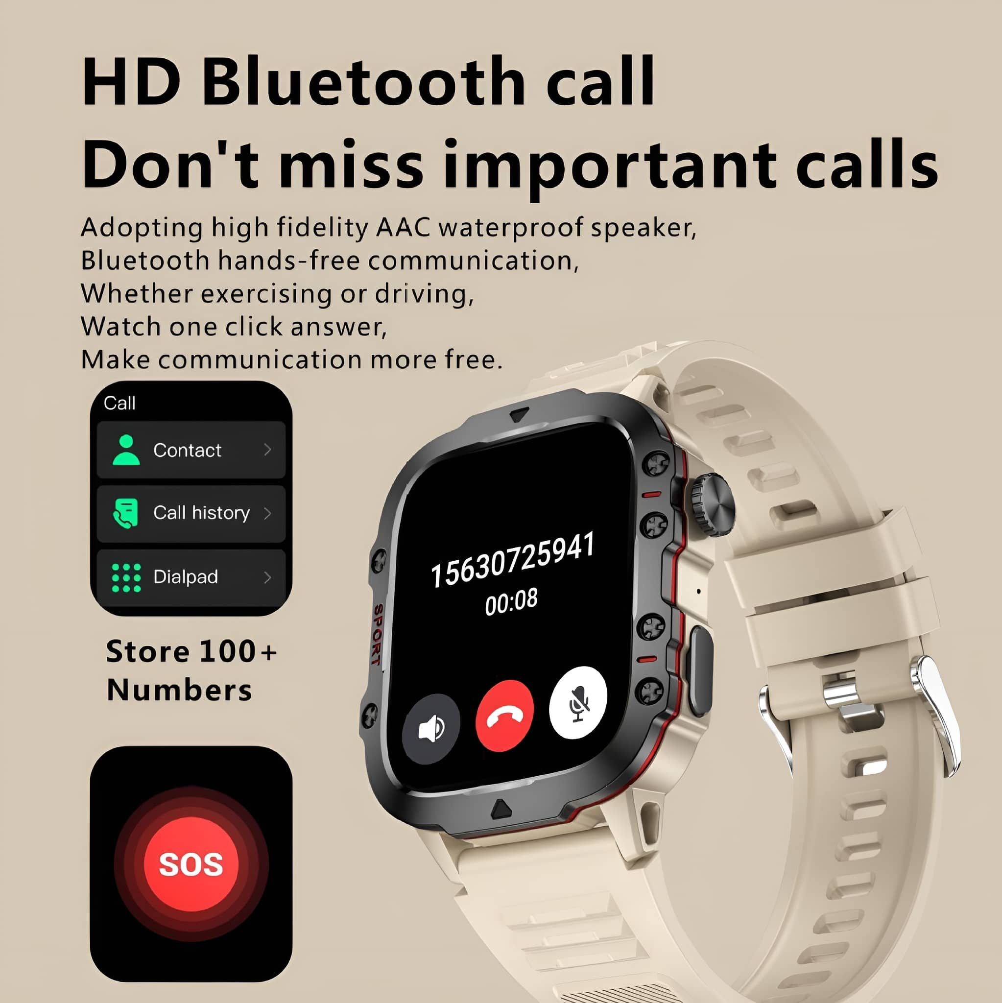 Eine Smartwatch, die Anrufverlauf und Telefonnummer anzeigt, mit einer SOS-Taste.