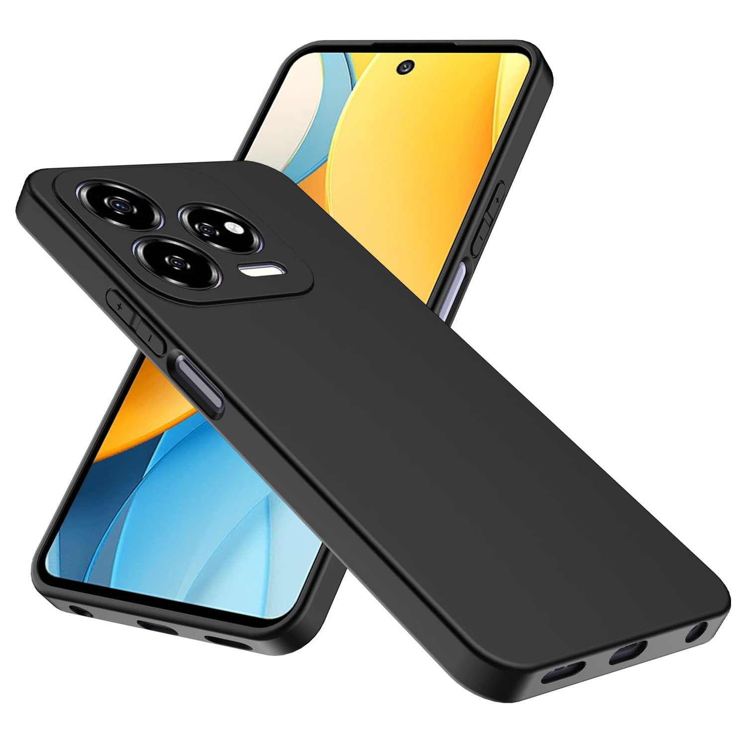Schwarze Handyhülle über einem Handy. Hülle hat Dreifach-Kameraausschnitte. Telefon hat ein gelbes Display.
