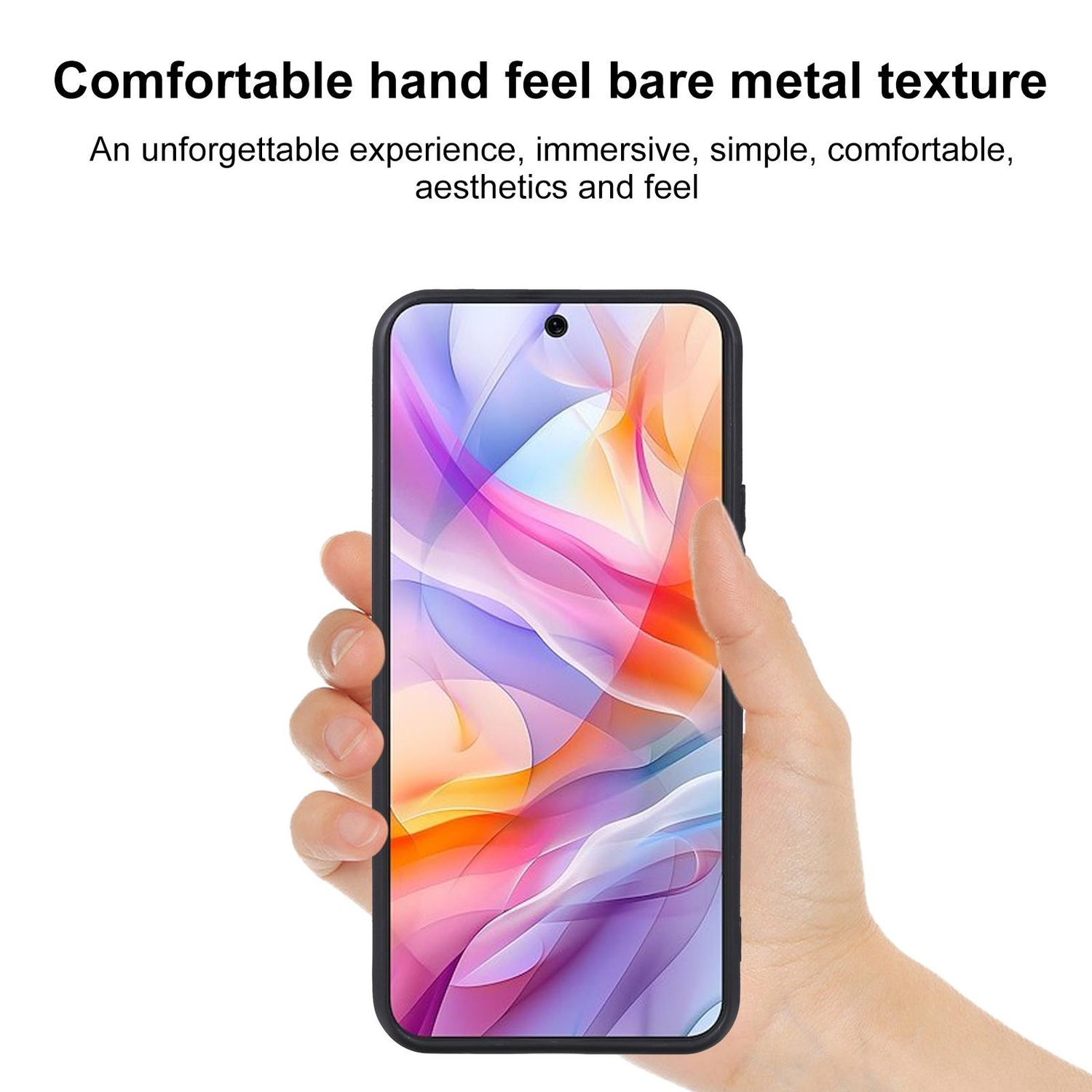 Hand hält ein Smartphone. Bunter abstrakter Hintergrund auf dem Bildschirm.